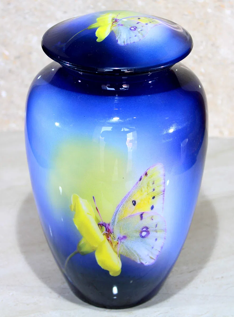 eSplanade Urne funéraire en métal | Urne funéraire taille normale pour cendres funéraires | Imprimé papillon jaune | Bleu – 25,4 cm