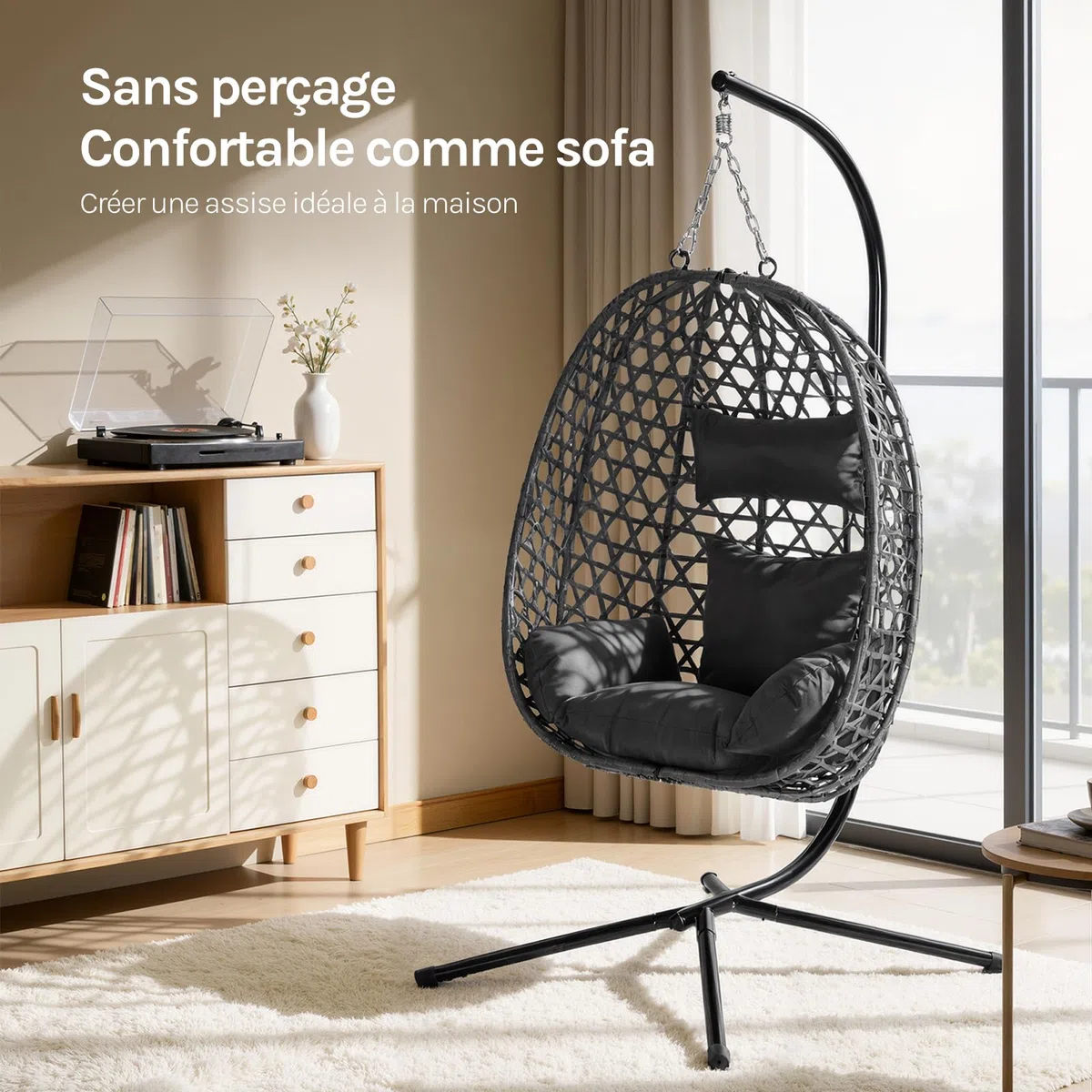 WOLTU Fauteuil Œuf Suspendu, Chaise Hamac Balançoire, avec Support en Métal, Coussin de Siège et Appui-tête, Charge 150 kg, Rotin PE, pour Jardin, Balcon, Terrasse, 102x100x196cm, Noir
