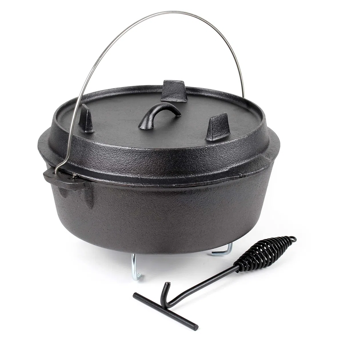 Wiltec Dutch Oven Marmite 8L Fonte Dessous-plat Lève-couvercle Pied de support Fait-tout Pot Cocotte Camping Barbecue Grillade