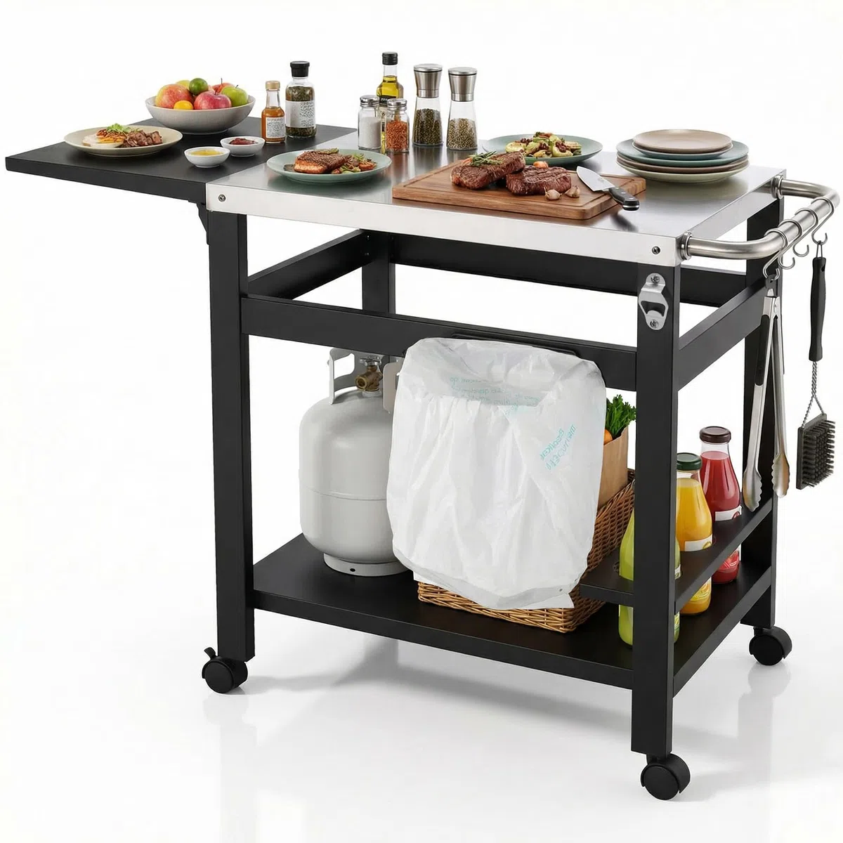 LIFERUN Desserte Barbecue Extérieur avec Table d'appoint Pliable, Chariot Plancha 2 Niveaux avec Dessus de Table en Acier INOX, Chariot de BBQ Pizza 4 Roues, pour Cuisine, Jardin et Fêtes, 116x48 cm