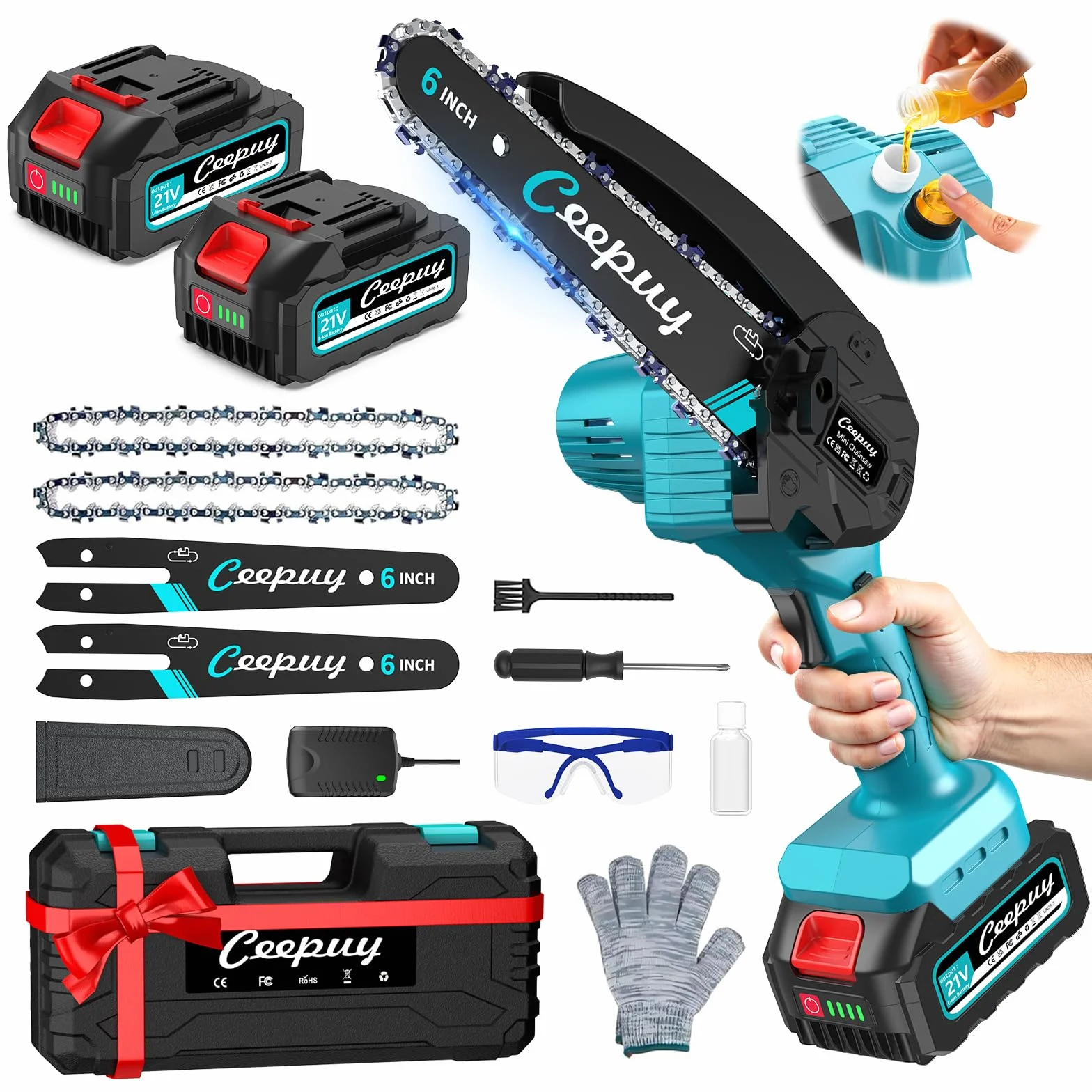 CEEPUY Mini Tronçonneuse à Batterie 2x4000 mAh, 6 Pouces Tronçonneuse Électrique Sans Fil Avec Injecteur d'Huile et Chaîne de Rechange, Convient Pour l'Élagage Des Arbres de Jardin (880W)