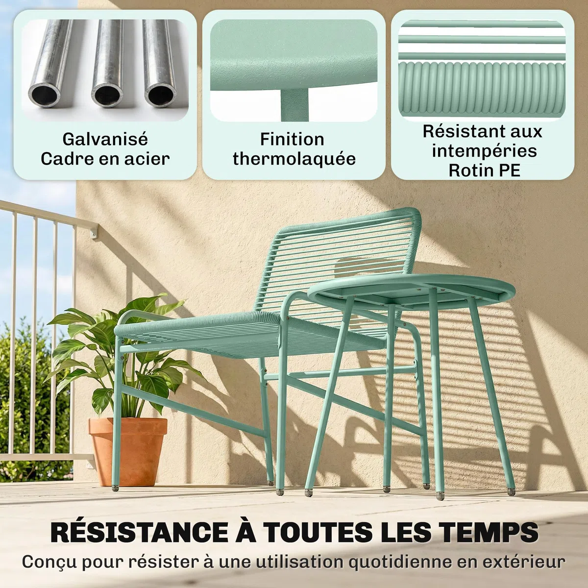Outsunny Salon de Jardin Extérieur 3 Pièces en Résine Tressée, Table de Jardin Ronde avec 2 Chaises, Pieds Ajustables, Cadre en Acier Galvanisé, Mobilier de Jardin pour Balcon Terrasse Patio, Vert