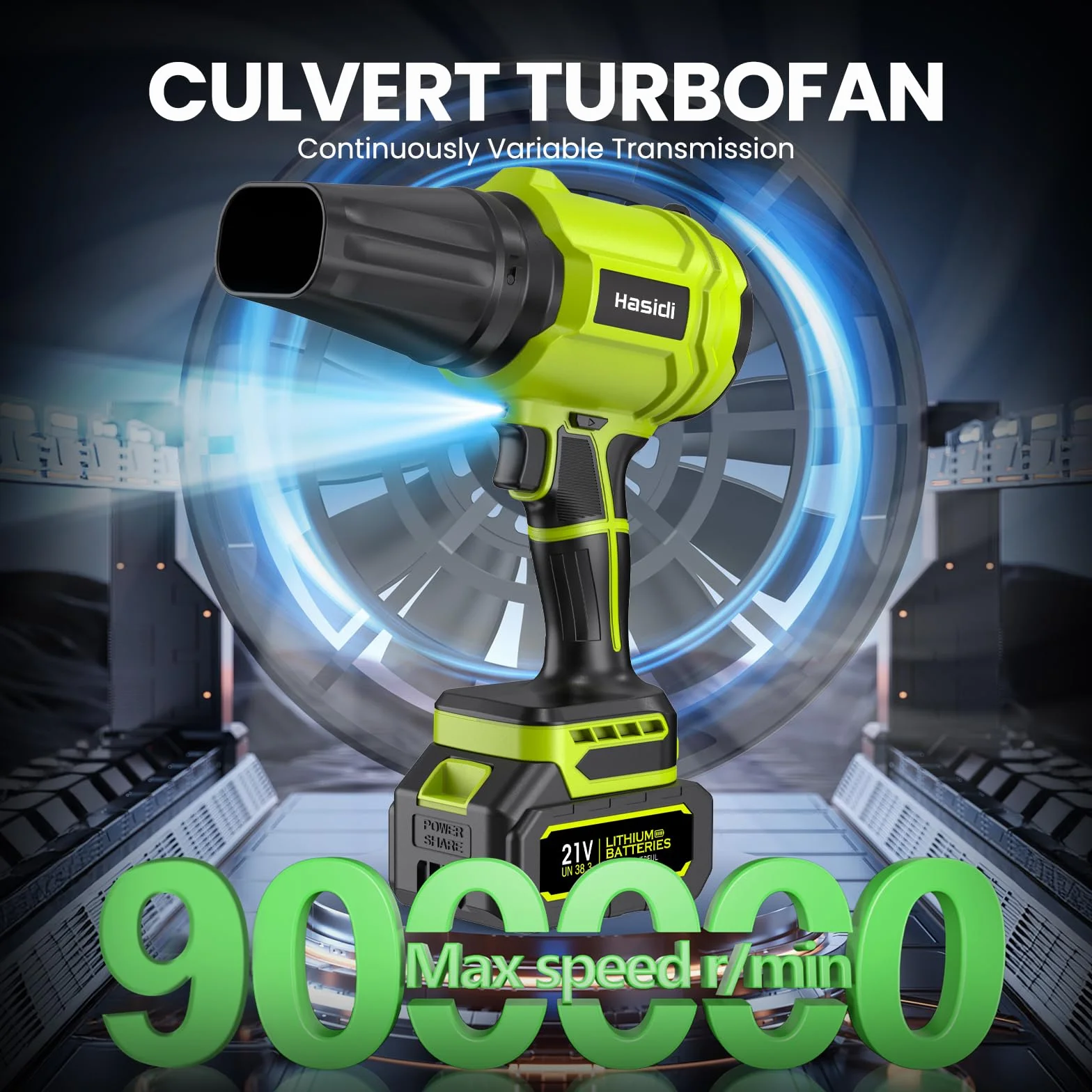 Souffleur de Feuilles sans Fil, 900 000 TR/Min, 2 Batteries, Chargeur et 2 Buses Incluses, pour Jardin, Terrasse, Voiture, Neige et Poussière, Vert
