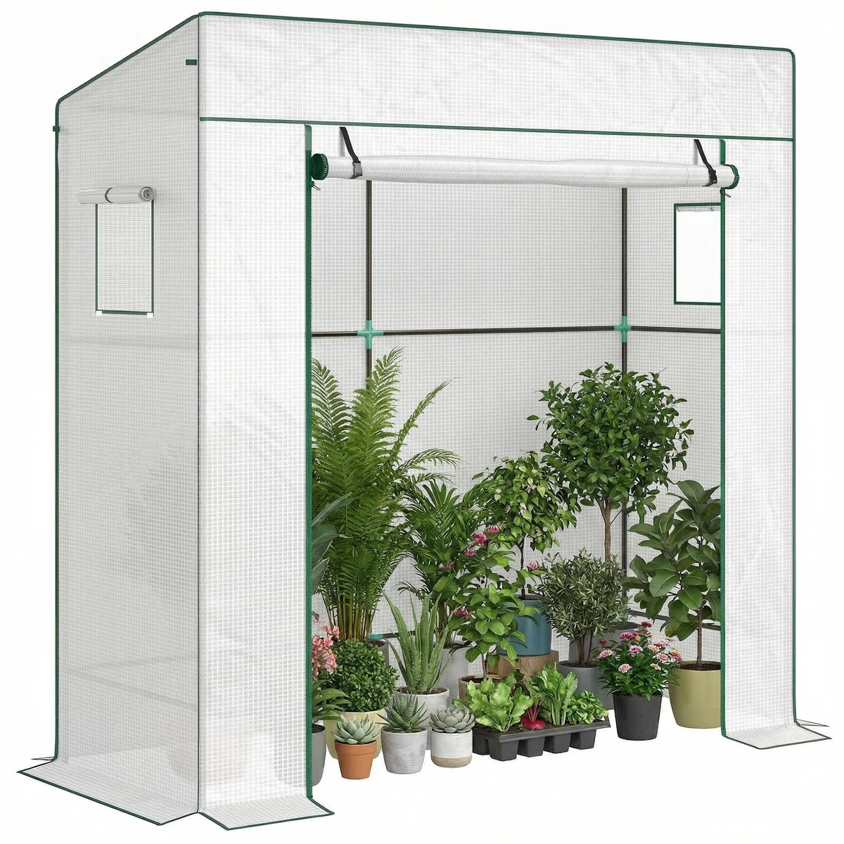 Outsunny Serre de Jardin PE, Serre de Balcon, bâche renforcée 140 g/m², châssis en Acier, Porte zippée Enroulable, 2 fenêtres, pour légumes Plantes Fleurs, intérieur et extérieur, 196x77x197cm, Blanc