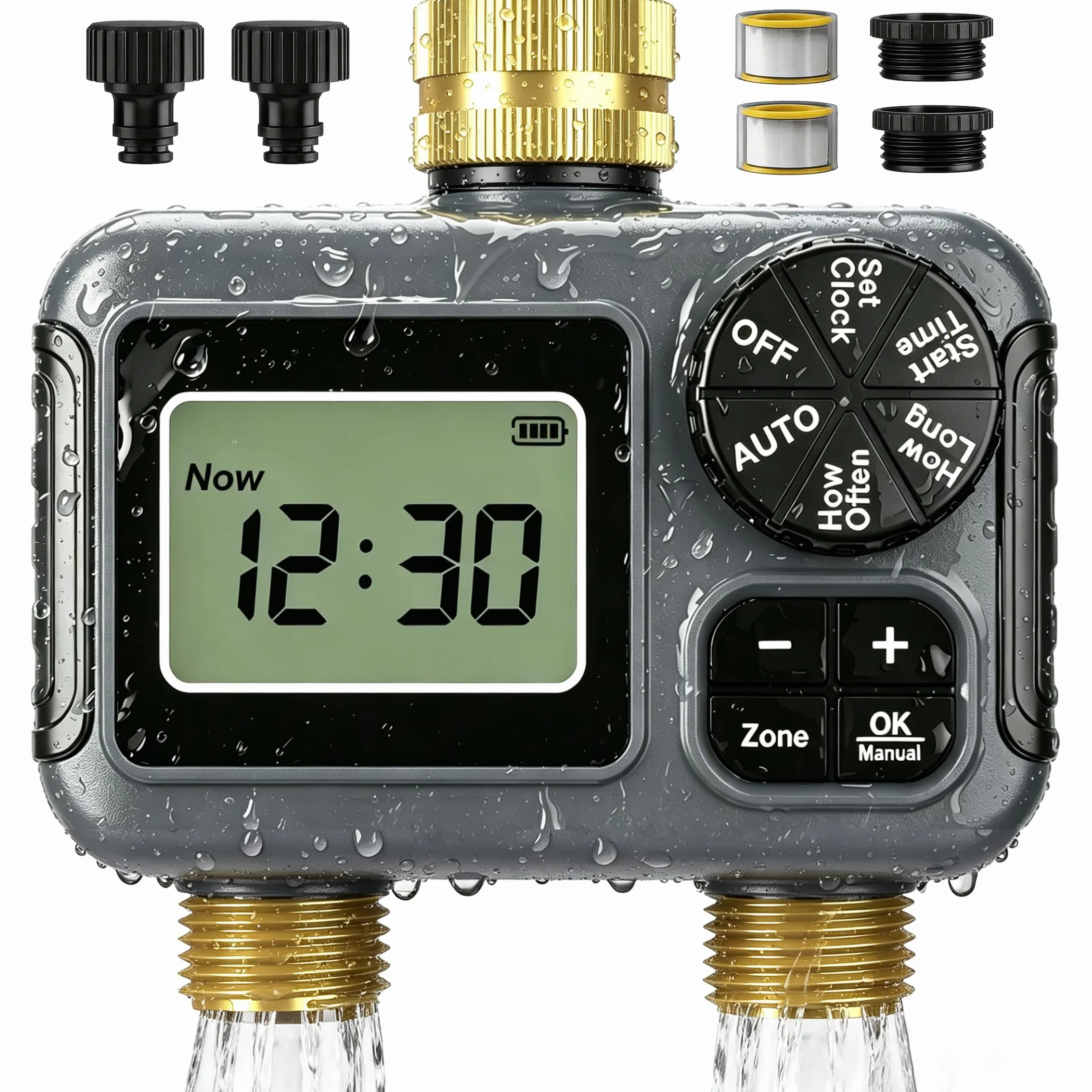 Programmateur Arrosage 2 Voies IPX5 Étanche Minuteur Arrosage Automatique avec Entrée et Sortie en Laiton, Retard de Pluie, Arrosage Automatique et Manuel, Minuterie d'irrigation pour Jardin Pelouse