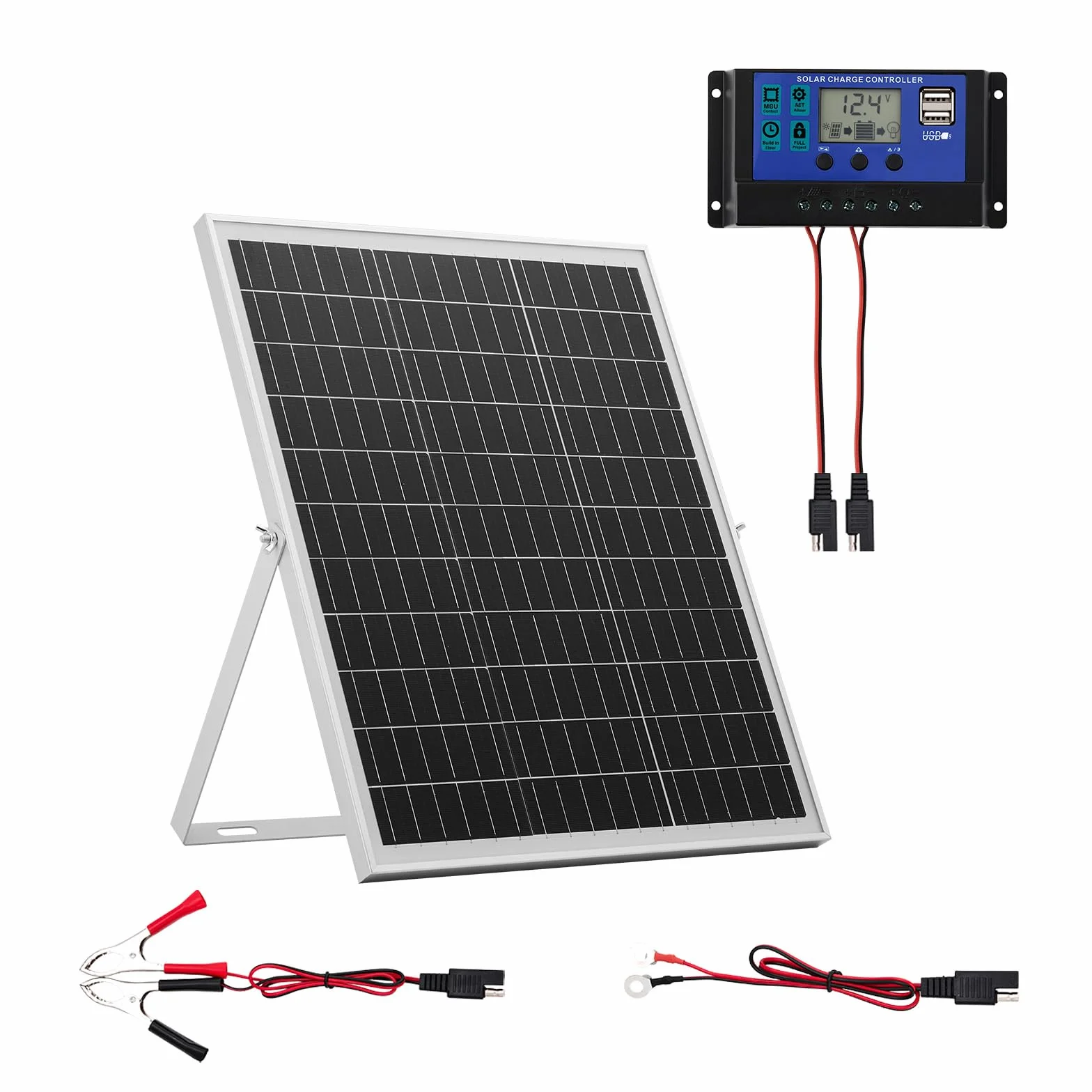 VEVOR Chargeur Batterie à Panneau Solaire 25 W 12 V, Cellules Monocristallines, Contrôleur MPPT Externe, Support de Montage Réglable, Étanchéité IP67, pour Voitures, Bateaux, Camping-cars, Remorques