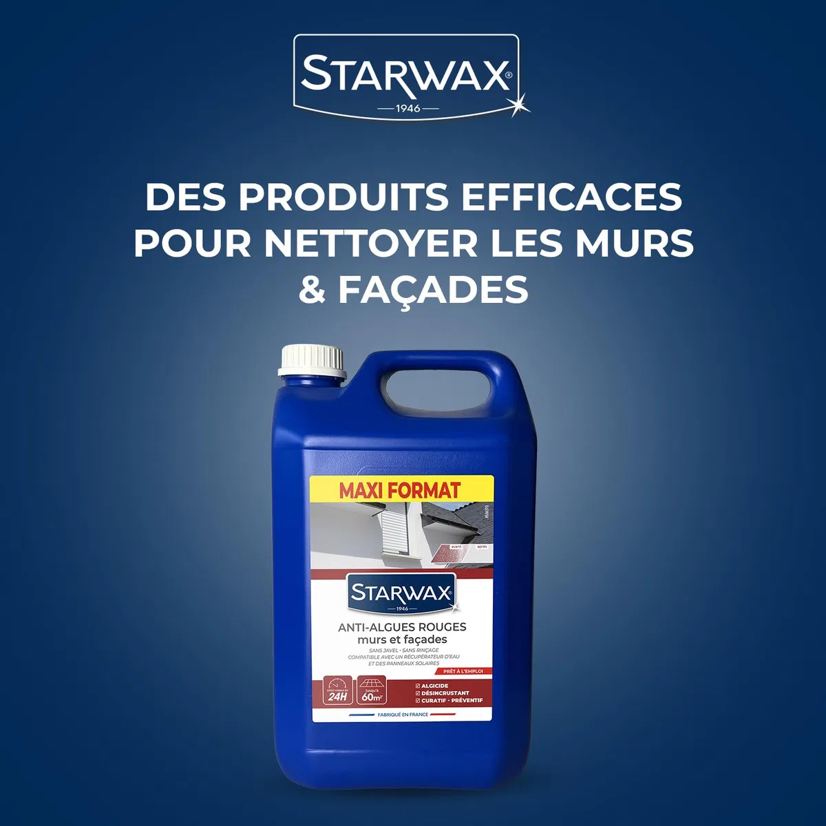 STARWAX Traitement anti-algues rouges prêt à l'emploi pour murs et façades 6L, élimine les dépôts biologiques en profondeur, action dès 24h même sous la pluie, sans javel et sans rinçage, ne tache pas