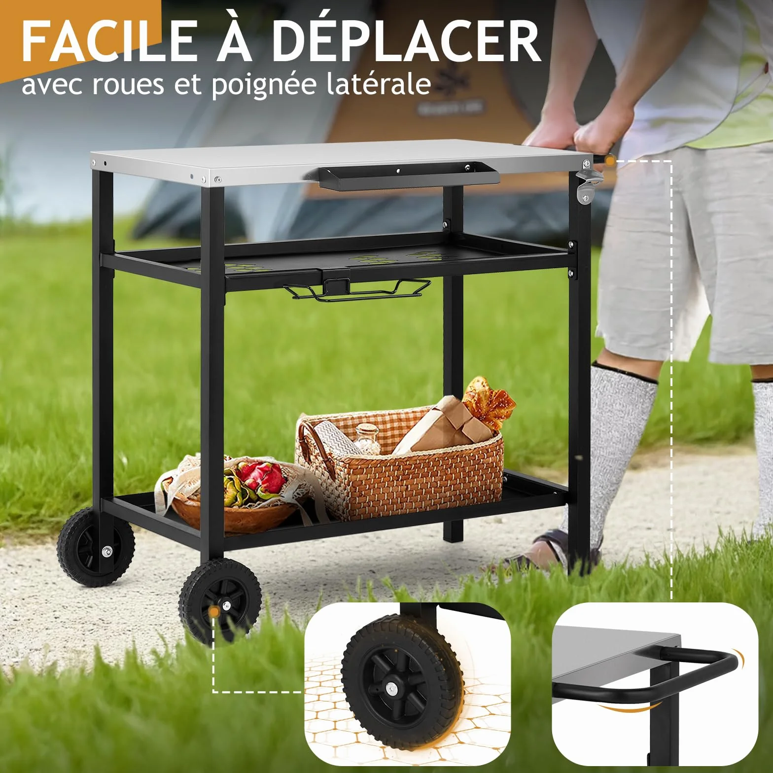 LEADZM Dessertes de Jardin, Chariot de Barbecue Mobile à 3 Niveaux, 97 x 51 x 83 cm, Établi en Acier Inoxydable argenté - desserte Exterieur, Panier avec Filet, Noir