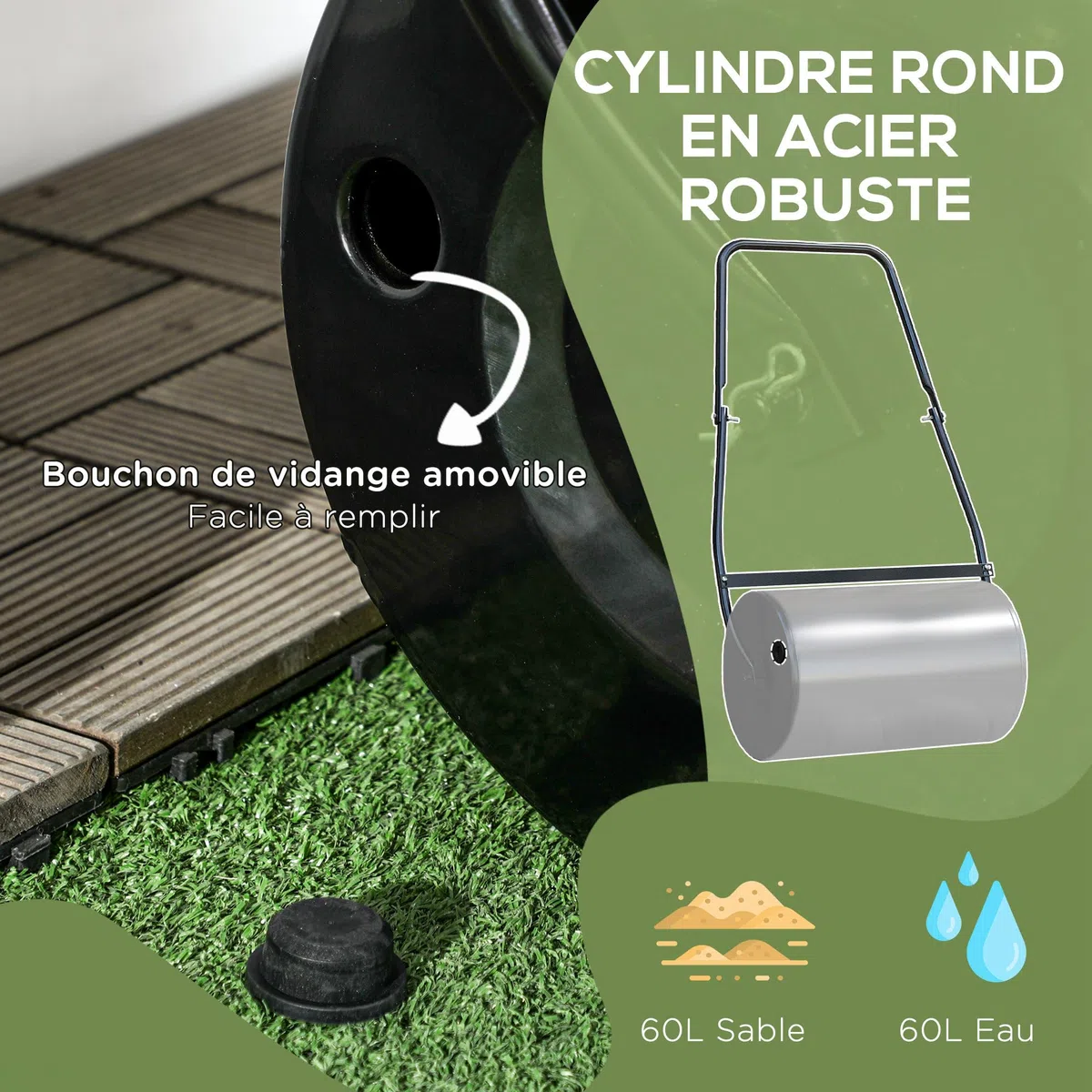 DURHAND Rouleau à Gazon, Rouleau de Jardin 50 cm, remplissable avec 38 L d'eau ou de Sable, poignée Ergonomique, Outil de Jardinage pour pelouse, Patio et Parc, Noir