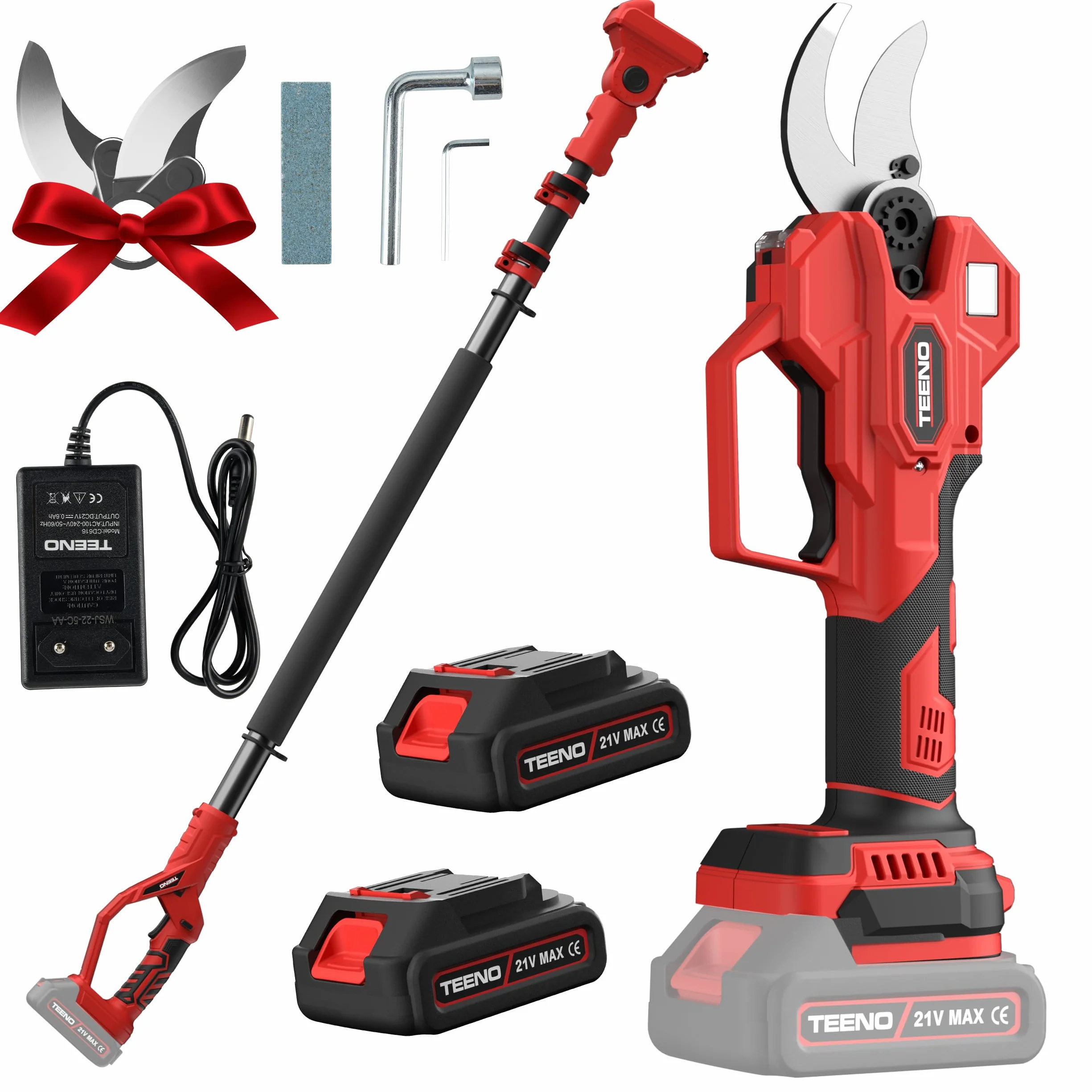TEENO 2-en-1 Sécateur Électrique Sans Fil avec Perche d'Extension de 2 mètres, Sécateur Électrique Alimenté par Batterie 21V 2×2.0Ah, Diamètre de Coupe de 40CM, pour Élagage d'Arbres