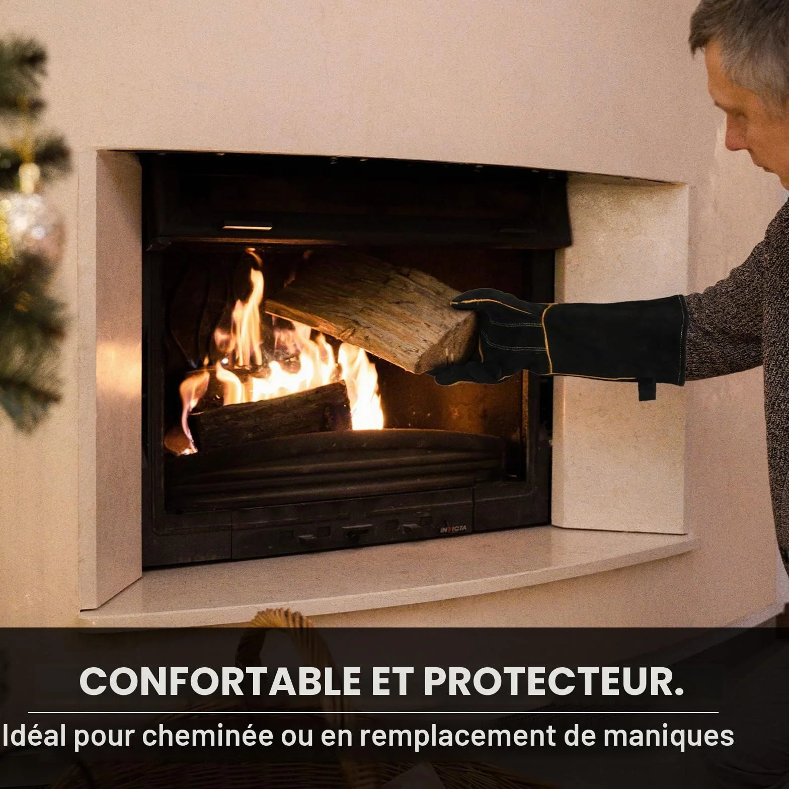 Gants de barbecue en cuir résistant à la chaleur et ignifuge 14-inch Noir
