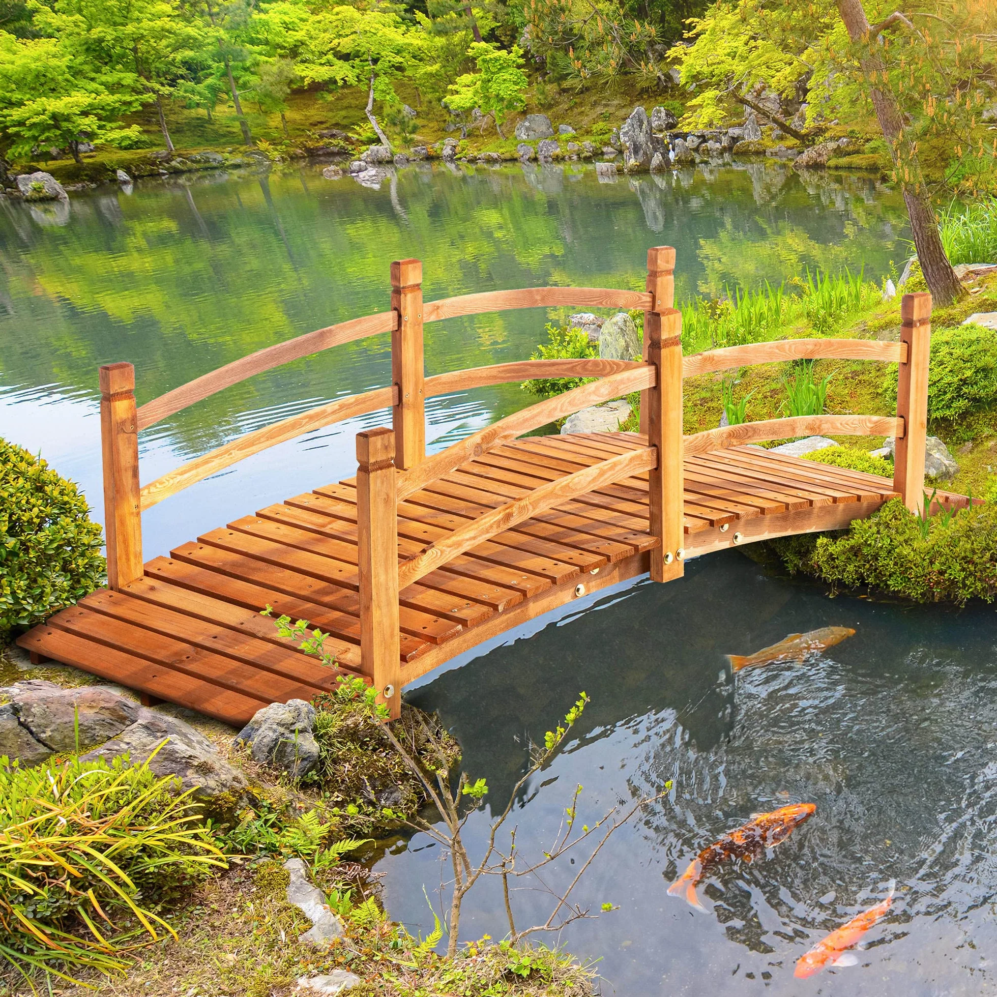 Outsunny Pont de Jardin en Bois Décoration du Jardin dim. 185L x 72l x 58H cm avec Balustrade - Bois de Sapin - Orange