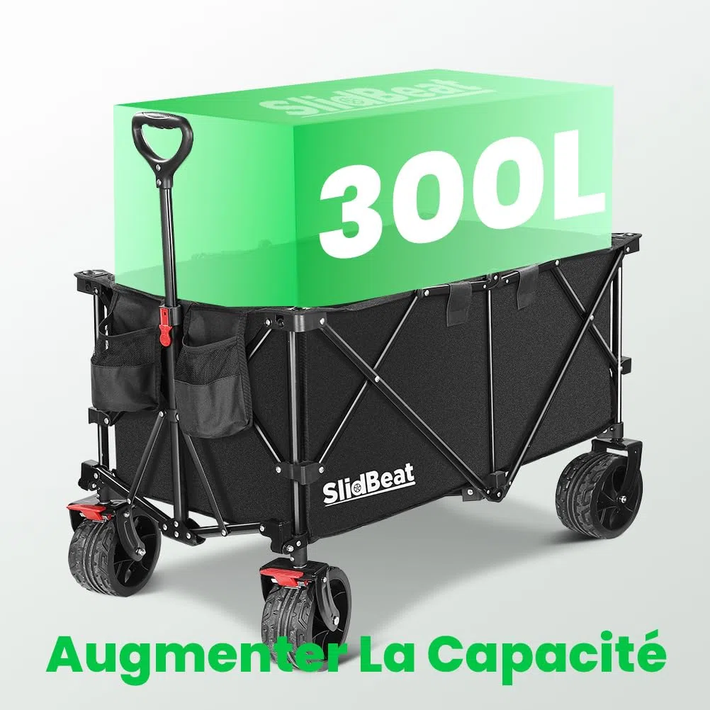 SLIDBEAT Chariot Tout Terrain Pliable - 226kg Capacité 300L, Roues XXL 18cm, Chariot Plage avec Freins, Structure Triangulaire Renforcée, Toile 600D Imperméable - Pour Plage, Camping, Peche, Transport