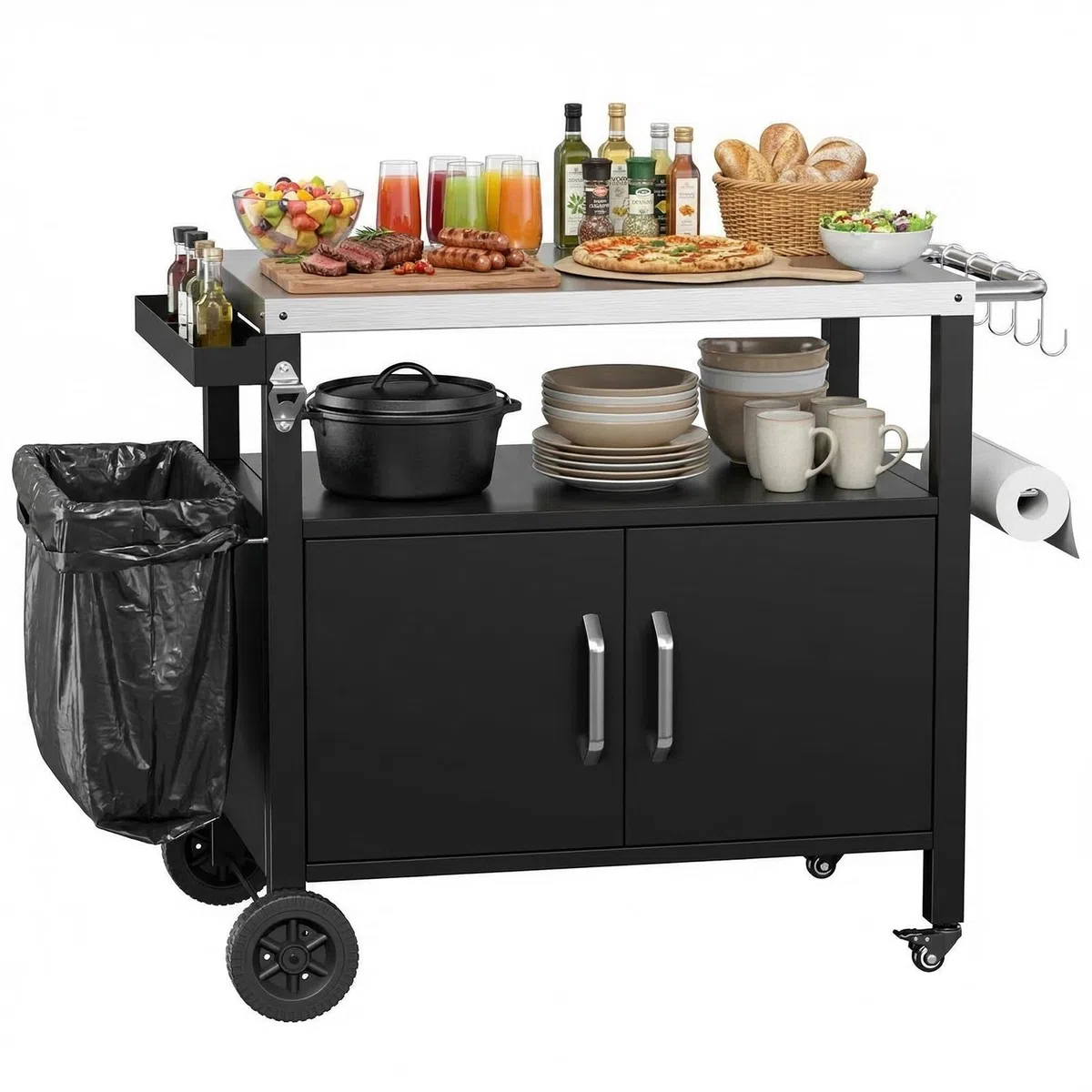 TLSUNNY Chariot de Barbecue en Acier Inoxydable, Desserte Extérieure Plancha 3 Niveaux avec Porte d'Armoire, Table de barbecue avec 4 Roulettes, pour Jardin Terrasse Balcon Camping, 112 x 51 x 82,5 cm