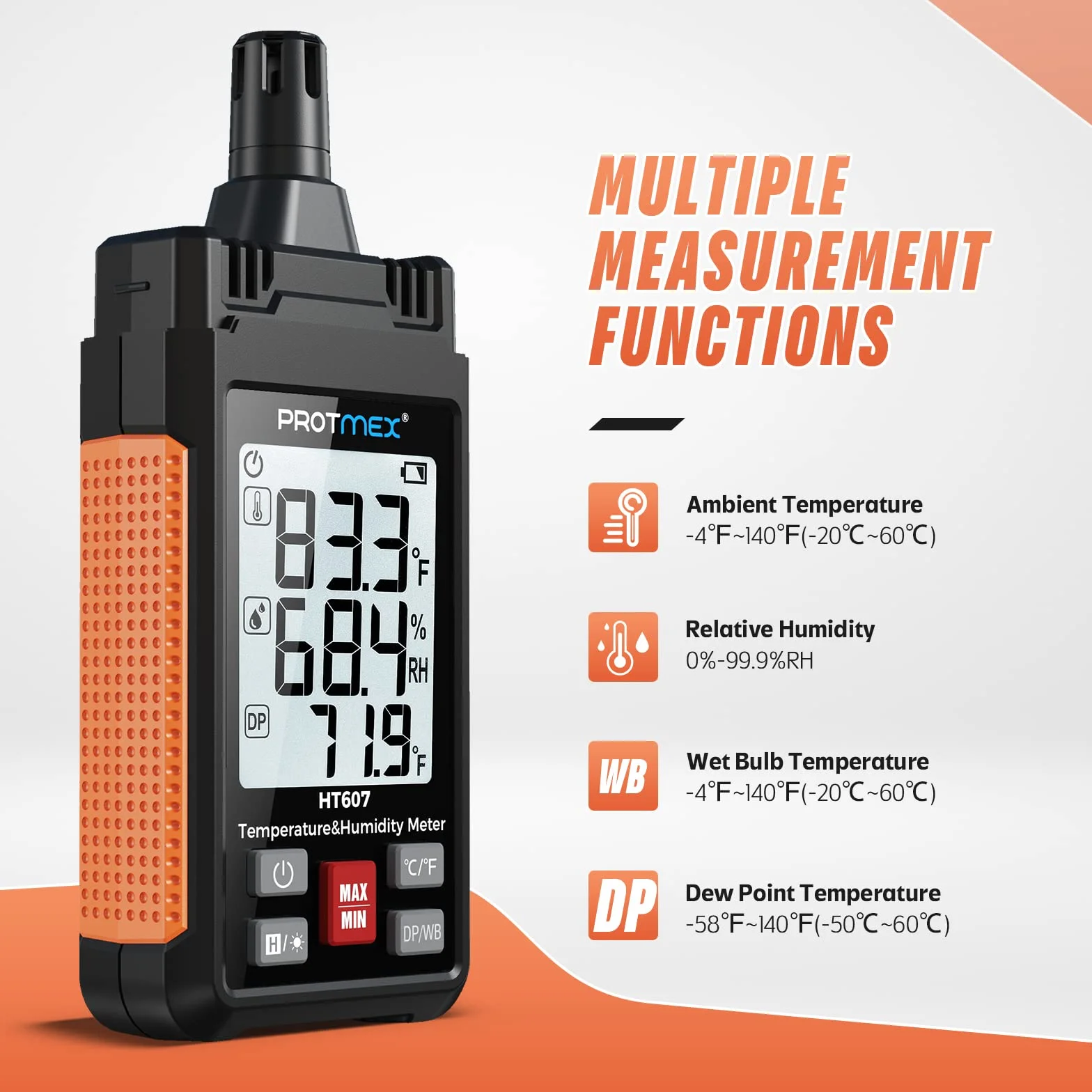 Protmex HT607 Mini thermomètre hygromètre numérique haute précision avec hygromètre ambiant, humidité relative, point de rosée, thermomètre à ampoule humide, tenue min/maximale, rétroéclairage LCD