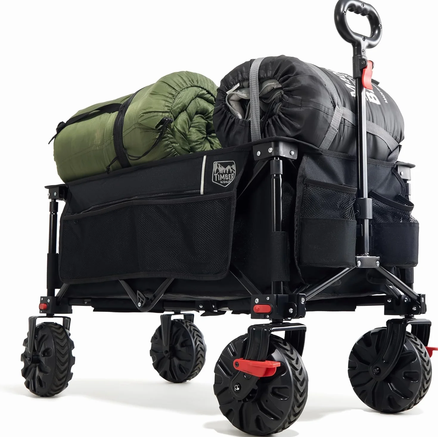 TIMBER RIDGE XXL Chariot de Transport Pliable avec Frein Chariot Plage à roulettes Tout Terrain Roues Amovibles Poignée Réglable Poche Latérale pour Jardin Plage Camping Pique-Nique BBQ Match
