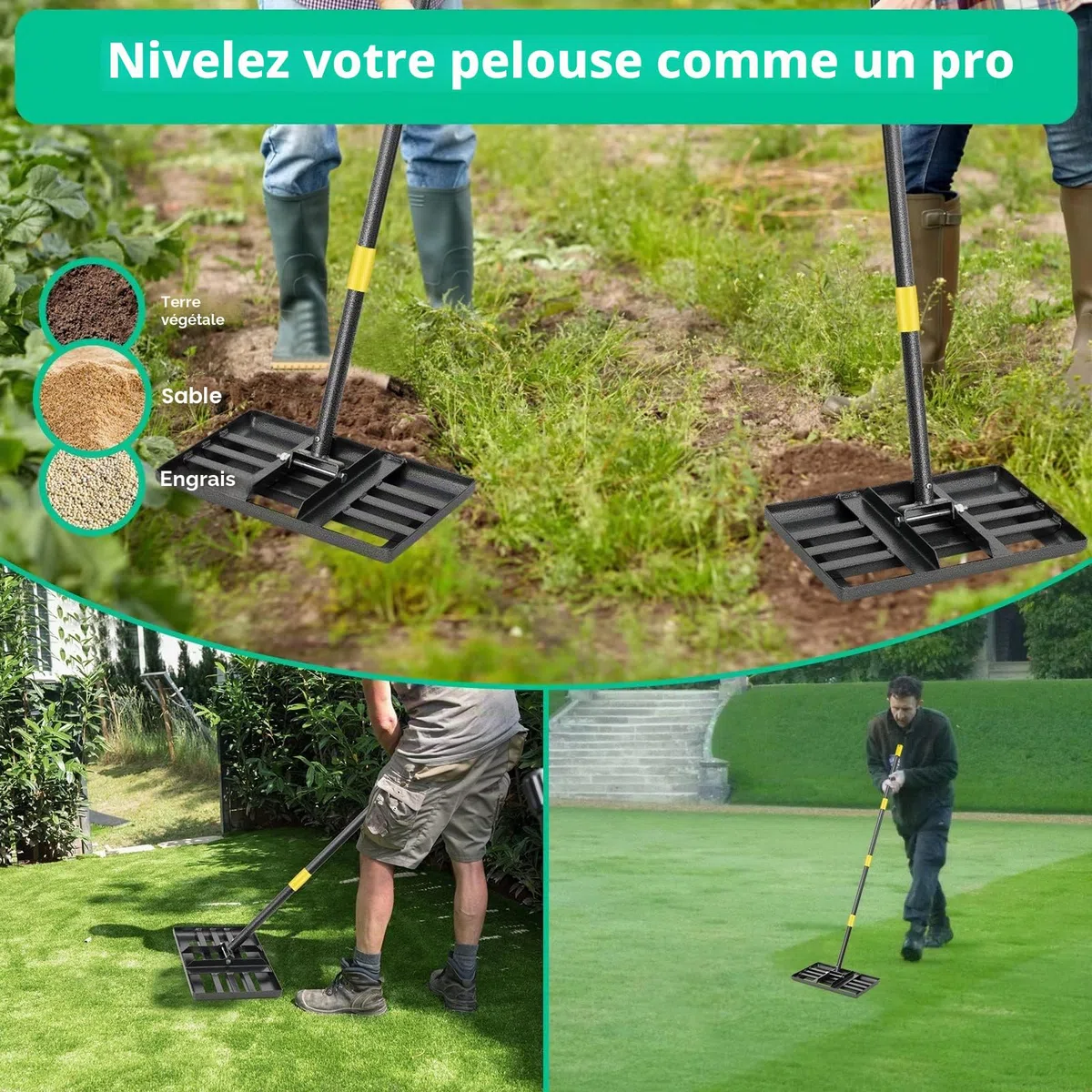 Râteau de nivellement de pelouse en métal - 182 cm - pour Le Golf, Le Jardin, la Surface - en Acier Inoxydable - 43 x 25 cm (182cm)