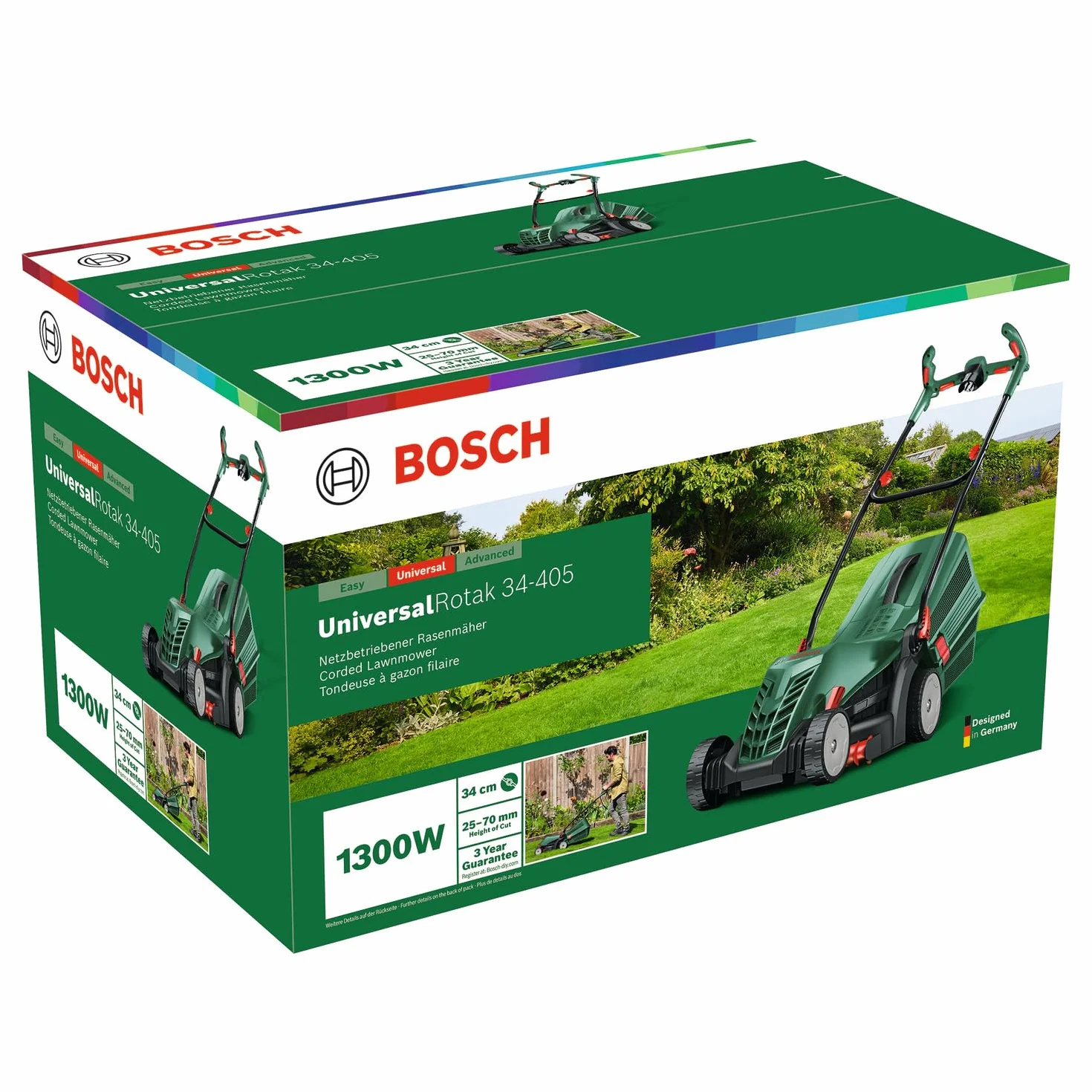 Bosch Tondeuse à Gazon Filaire UniversalRotak 34-405 (Moteur de 1 300 W, Largeur de Coupe : 34 cm, bac de ramassage 40 litres, pour la Tonte Uniforme de pelouses en Laissant des Bordures Propres)
