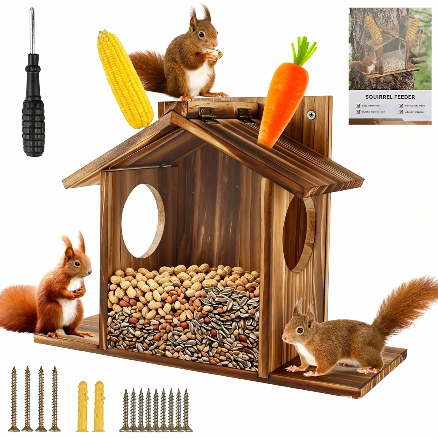 Mangeoire Écureuil Extérieur en Bois pour Jardin Balcon