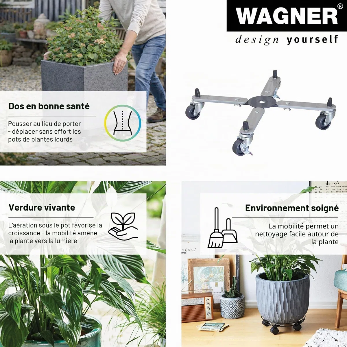 Wagner Support à roulettes pour Pot de Fleur Sun City Basic Surface Disponible 32-46 x 6 cm I Extensible en continu, 2 Freins I en Acier I intérieur + extérieur I Capacité de Charge 100 kg- 20082701