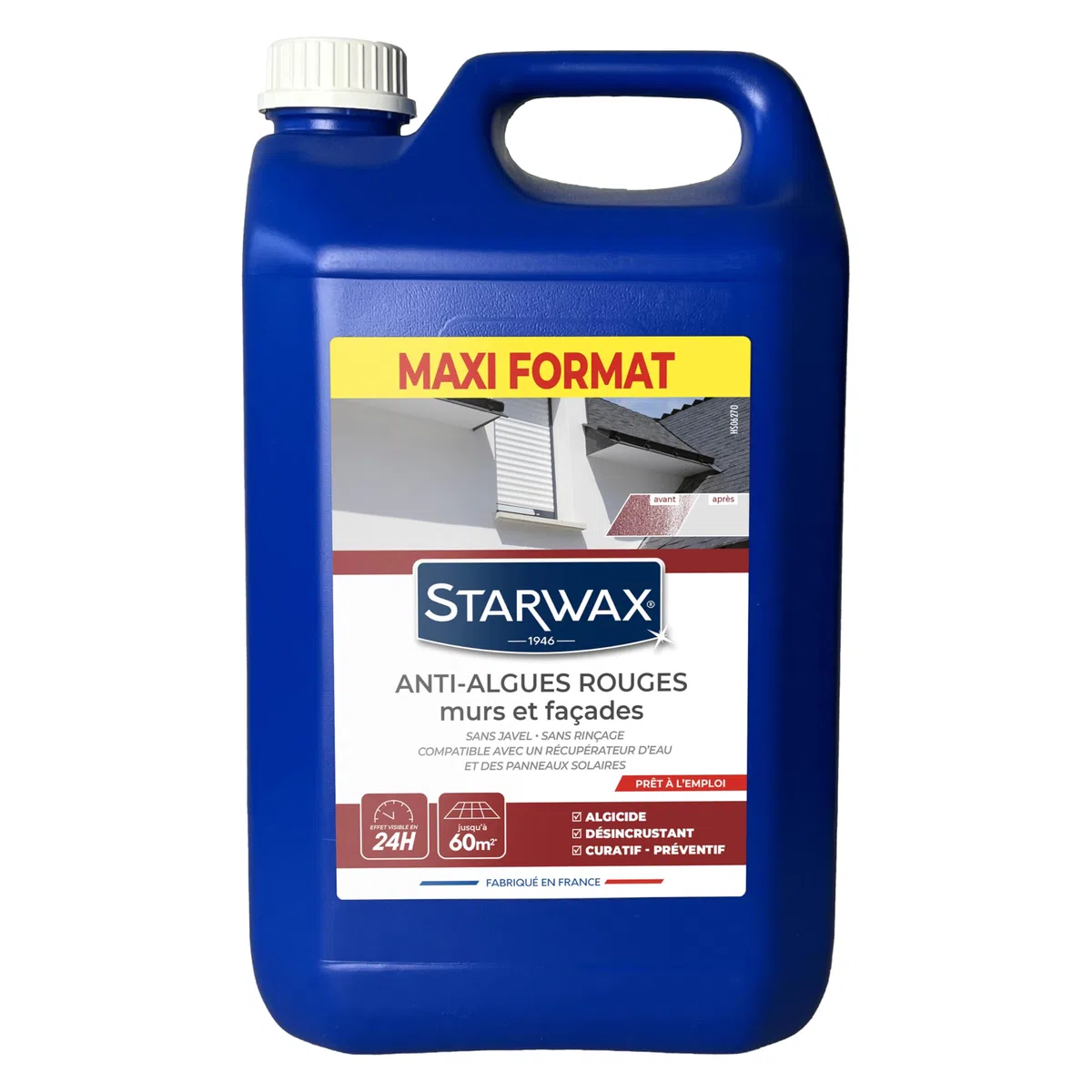 STARWAX Traitement anti-algues rouges prêt à l'emploi pour murs et façades 6L, élimine les dépôts biologiques en profondeur, action dès 24h même sous la pluie, sans javel et sans rinçage, ne tache pas