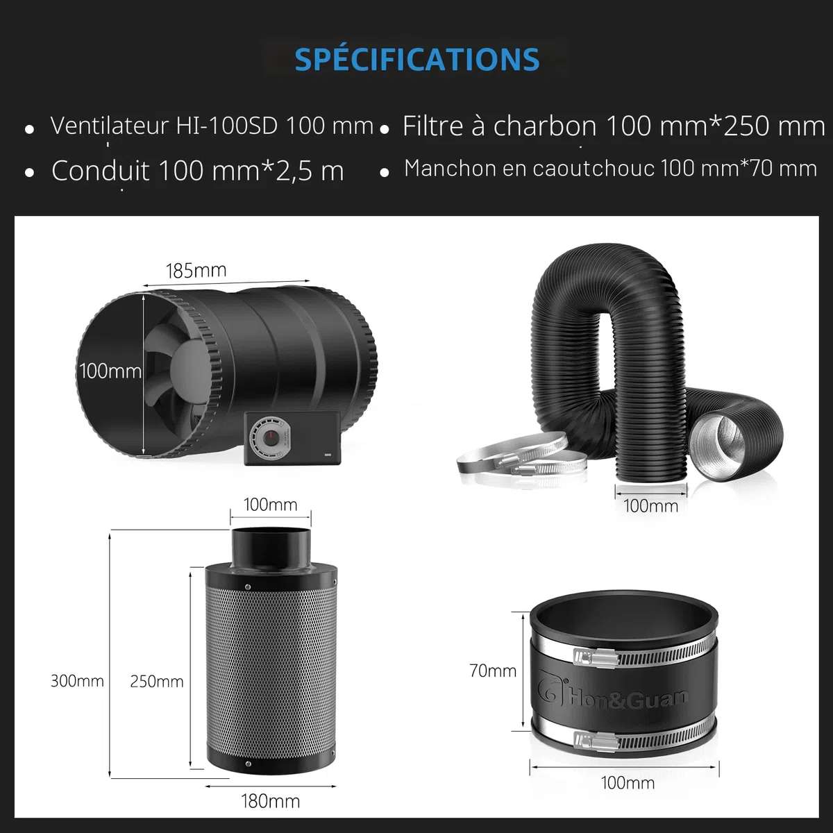 Hon&Guan Ensemble de ventilation de 100 mm 221 m³/h avec ventilateur tubulaire intégré, variateur de vitesse, filtre à charbon actif, tuyau d'extraction en caoutchouc, manchon en caoutchouc, système