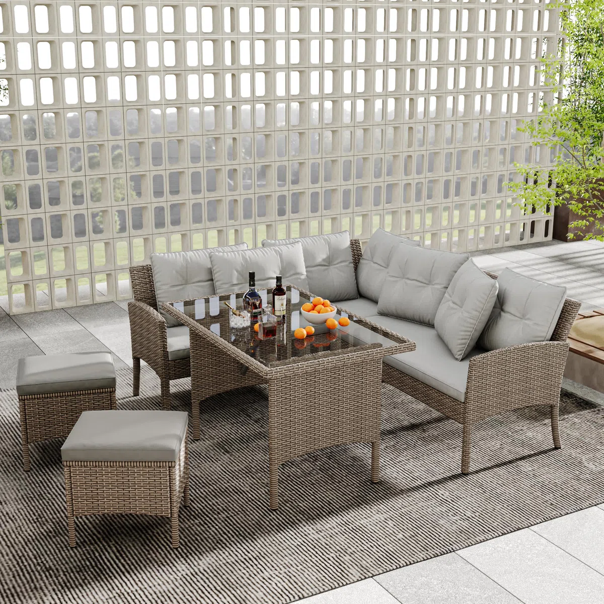 Salon de Jardin Exterieur 7 Personnes en Poly Rotin avec Table Coussin en Verre Trempé, Canapé d'angle Modulable, Housse Démontable, Ensemble Mobilier de Terrasse