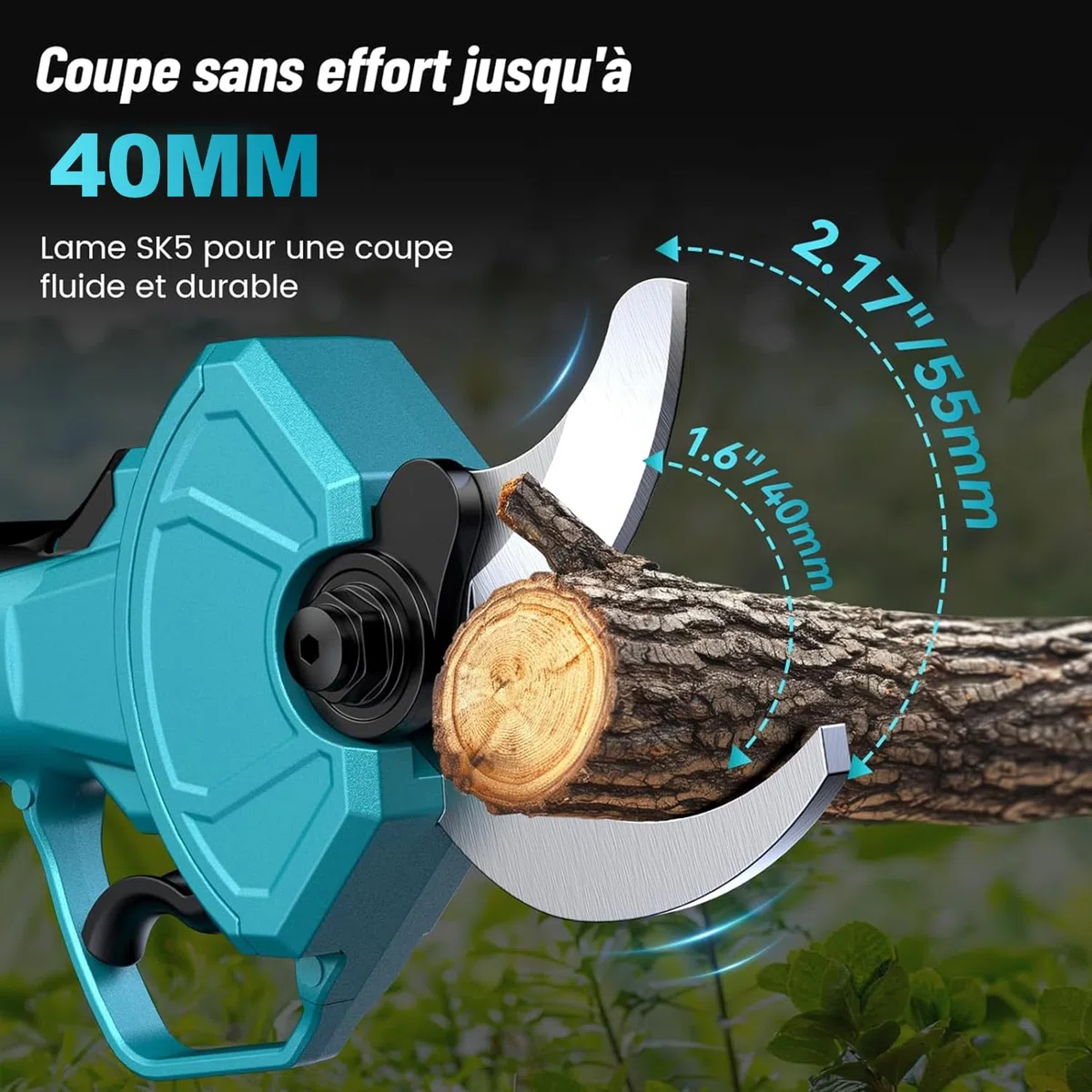 Sécateur Électrique, 40Mm Diamètre de Coupe Secateur Electrique sans Fil avec Perche Telescopique, 2 X 2.0Ah Li-ION Batterie Secateur Telescopique Electrique, Réglage de l'angle