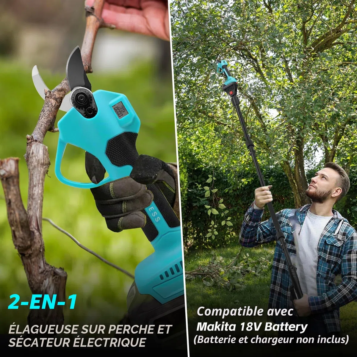 Sécateur Électrique 2-en-1 avec Perche Télescopique 4x0.5m - Réglable 1m/1.5m/2m, Coupe 43mm Secateur Electrique Sans Fil Compatible avec Makita 18V, SK7 Lame, Moteur Sans Balais (Sans Batterie)