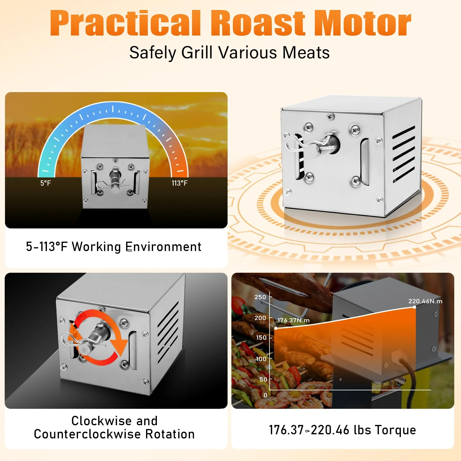Moteur de gril professionnel 25W pour tournebroche (220V) | Moteur rotatif pour rôtisserie, rôtissoire, brochettes, porcelet grillé | Moteur de gril, moteur de barbecue (argent)