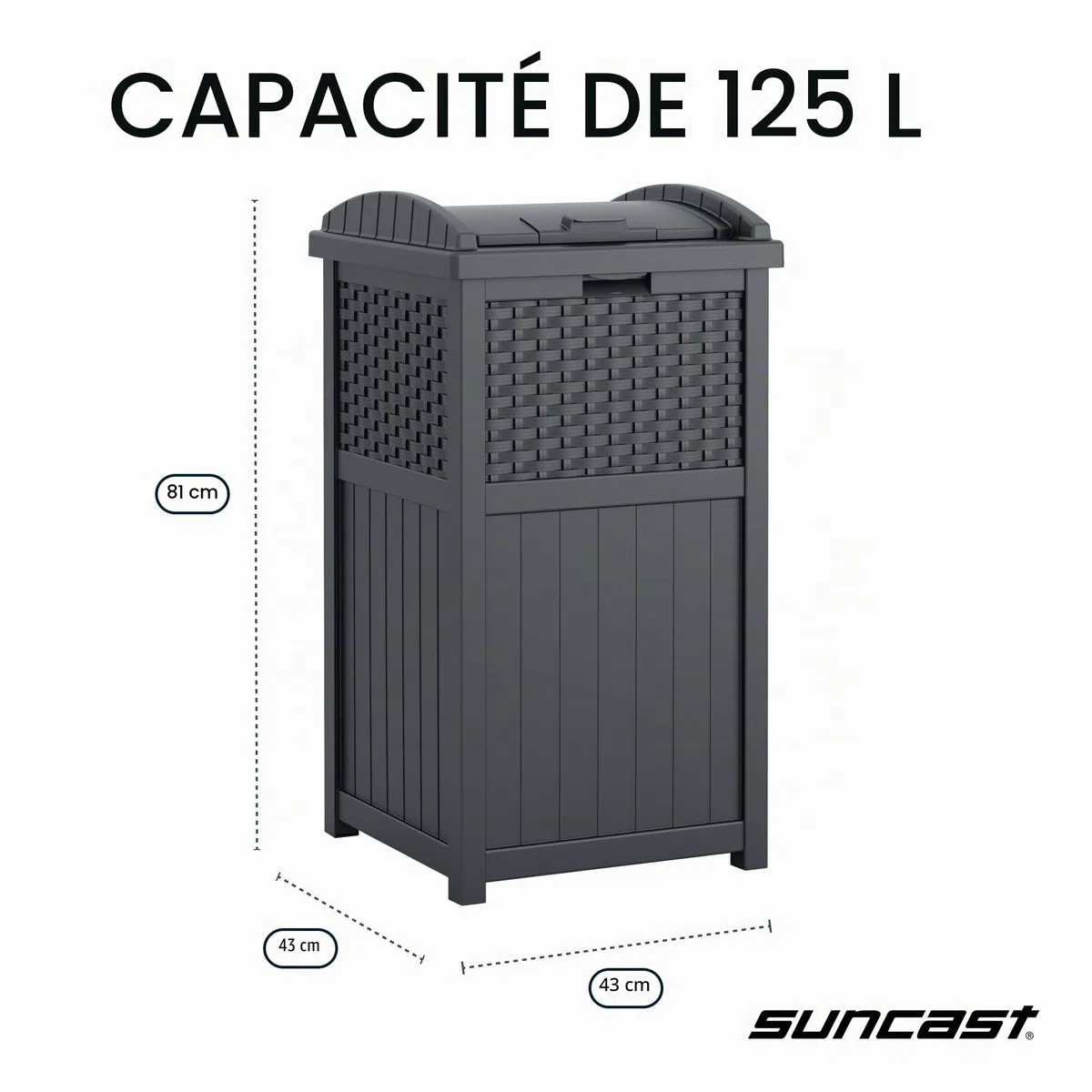 Suncast Poubelle cachée de style osier avec couvercle à verrouillage sécurisé et construction résistante aux intempéries pour terrasse, fabriquée aux États-Unis, 125 L, gris (Cyberspace Grey)