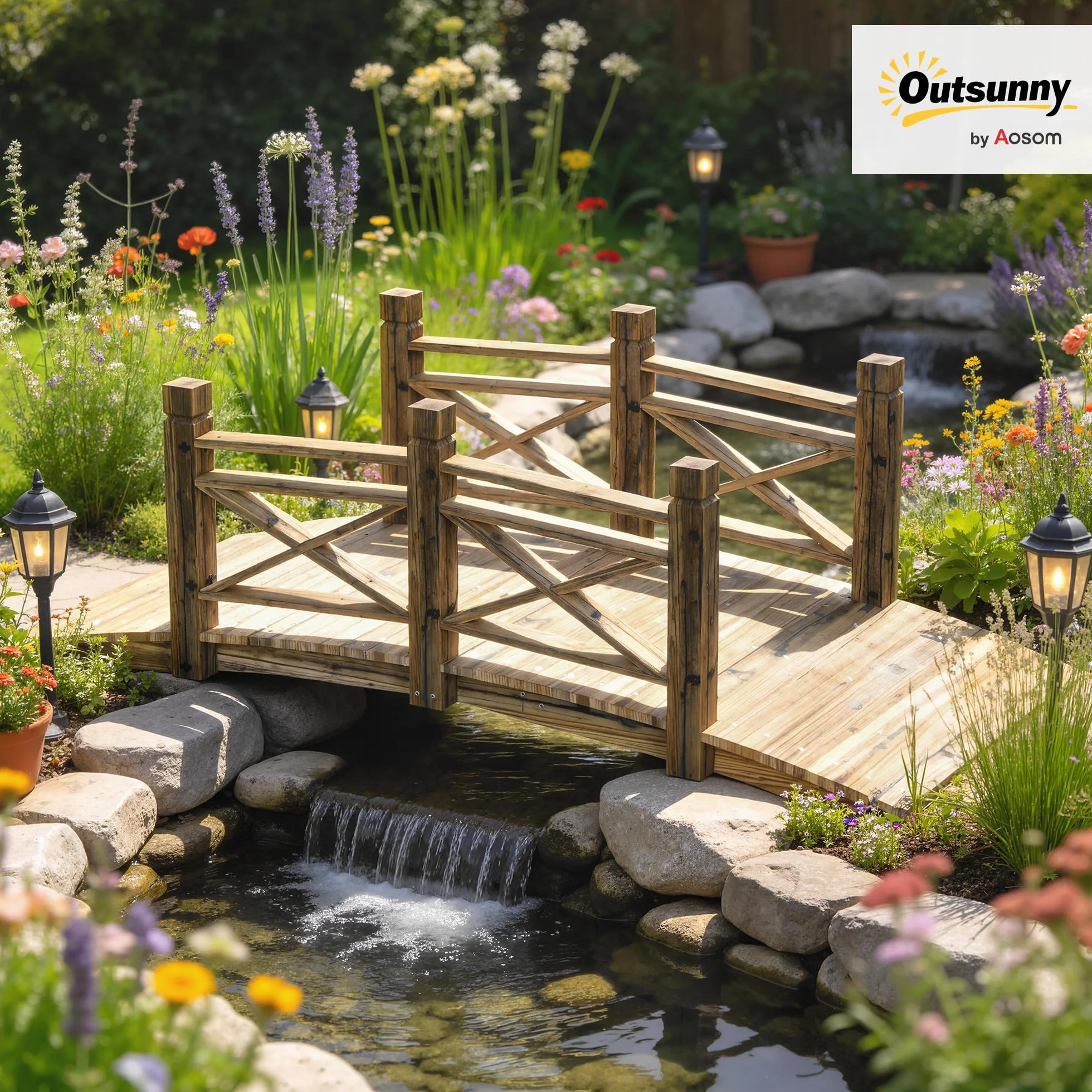 Outsunny Pont de jardin en bois de sapin avec garde-corps - Aspect vieilli - Pont décoratif pour bassin - Charge maximale : 200 kg - Résistant à la rouille - 174 x 78 x 57,5 cm - Carbonisé