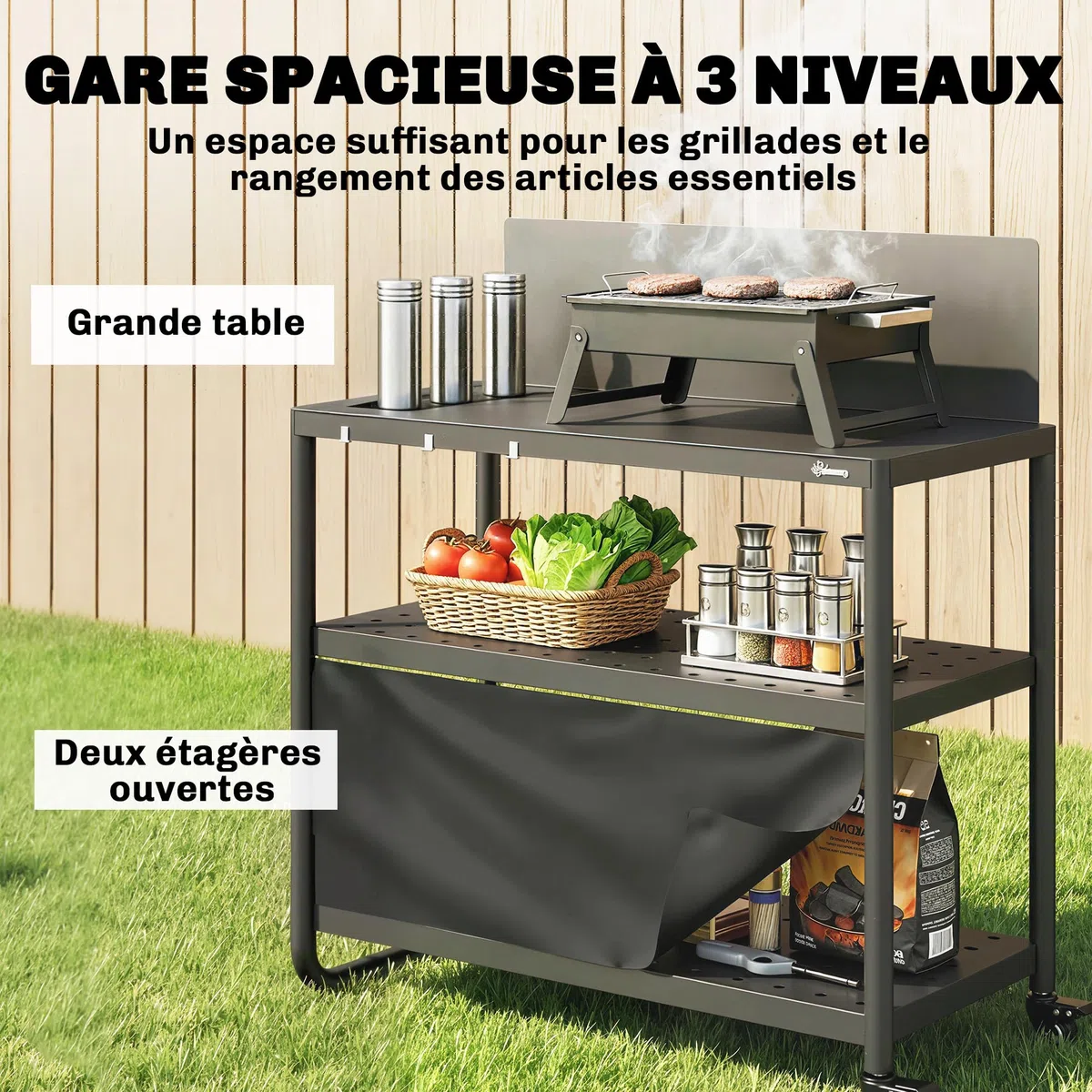 Outsunny Chariot de Barbecue en Acier 100x46x110cm avec Pare-vent - Desserte de Jardin 3 Niveaux Mobile avec Rideau Oxford - Station de Cuisson pour Plancha et Four à Pizza avec Rangement, Noir