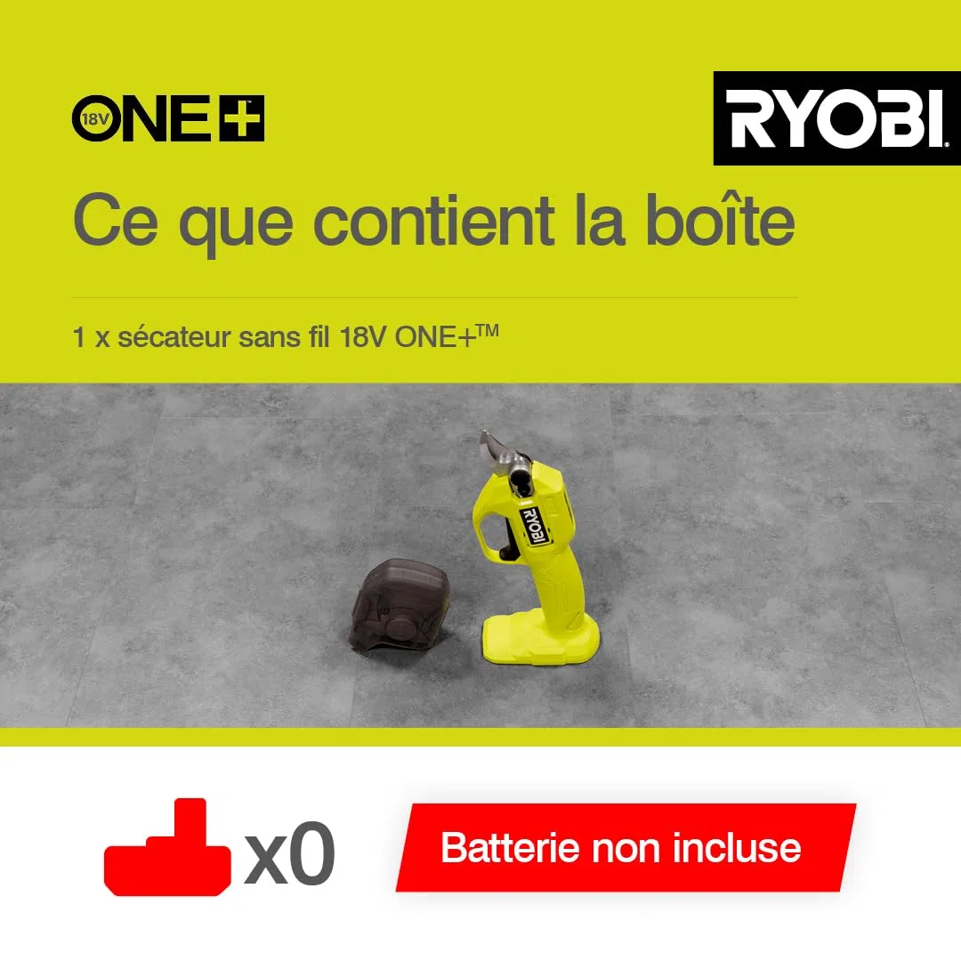 RYOBI - Sécateur Sans Fil 18V ONE+ RY18SCA-0 – Coupe Jusqu’à 25 mm, Lame Acier, Sécurité Active – Taille Facile Branches et Rosiers – Batterie Non Incluse