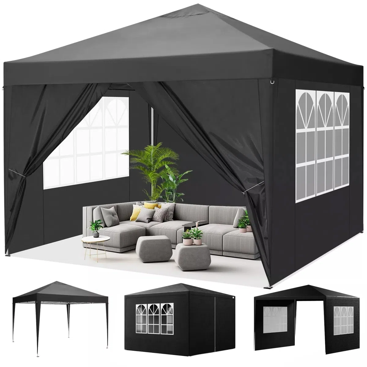 KANWOD Tonnelle 3x3 TORM, Tonnelle de Jardin 9 m² avec 4 Parois Latérales et 3 Fenêtres, Barnum Pliant pour Événements