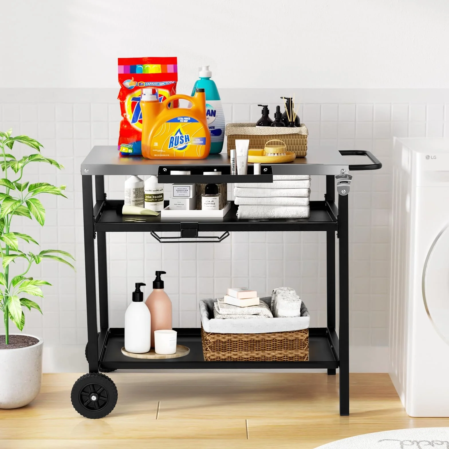 LEADZM Dessertes de Jardin, Chariot de Barbecue Mobile à 3 Niveaux, 97 x 51 x 83 cm, Établi en Acier Inoxydable argenté - desserte Exterieur, Panier avec Filet, Noir