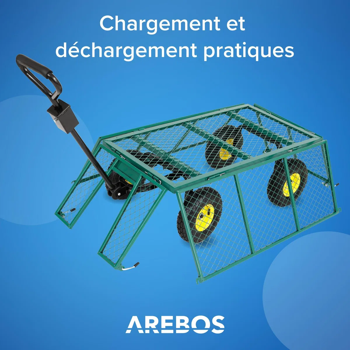 Arebos Chariot à Bras | Chariot de Jardin | avec pneus profilés | Charge Max. 550kg | Pliable | Vert | bâche Amovible | poignée et Timon Inclus | Chariot Plate-Forme