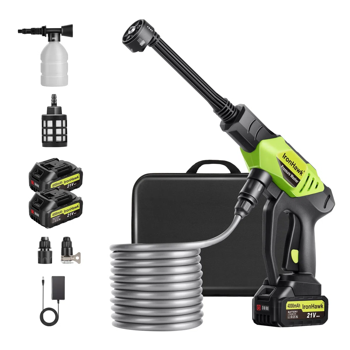 IronHawk Nettoyeur Haute Pression sans Fil, Pistolet de Lavage sur Batterie 380W Moteur sans Balais, 800 PSI avec Buse 6 en 1, 2 Batteries 4000mAh et 6M Tuyau, pour Voiture, Terrasse et Jardin
