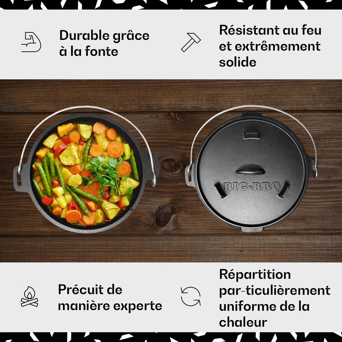 Cocotte en Fonte Pré-assaisonné 9L avec Couvercle, Faitout pour l'Exterieur, Marmite Résistante au Four, Chaudron de Camping