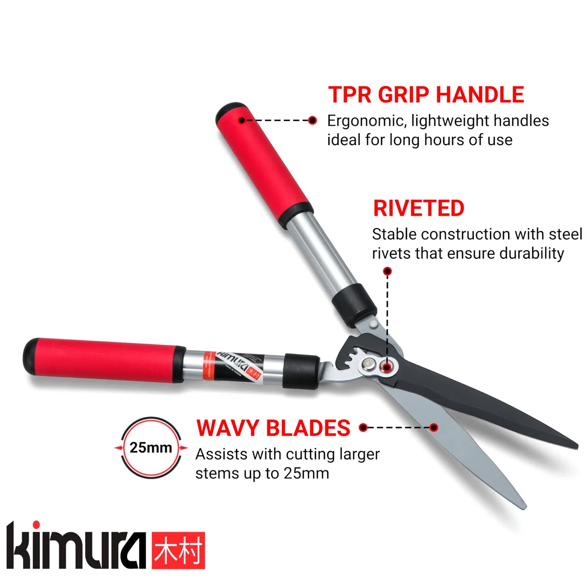 Cisailles de jardin Kimura Pro, cisailles à haies de qualité supérieure avec poignées en aluminium léger, lames japonaises tranchantes SK5, technologie brevetée, acier antirouille - 560 mm