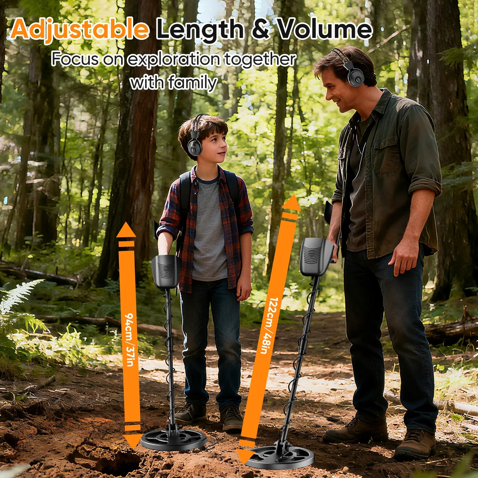 Détecteur de Métaux Haute Précision, Détecteur de Métaux Etanche, Détecteur d'or Réglable 94-122 cm avec Bobine de Détection 18cm, Équipé d'Écouteurs et Pelle, Adapté aux Enfants et Adultes