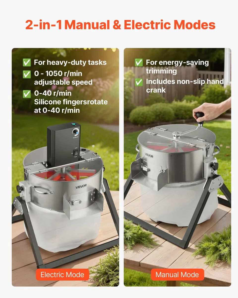 VEVOR Effeuilleuse Électrique Manuel 37 cm Coupe-bourgeons Lame Acier Inox, Coupe Hydroponique Humide Sèche avec Couvercle Transparent, Sac Collecte, pour Bourgeons Fleurs Feuilles, Herbes Aromatiques