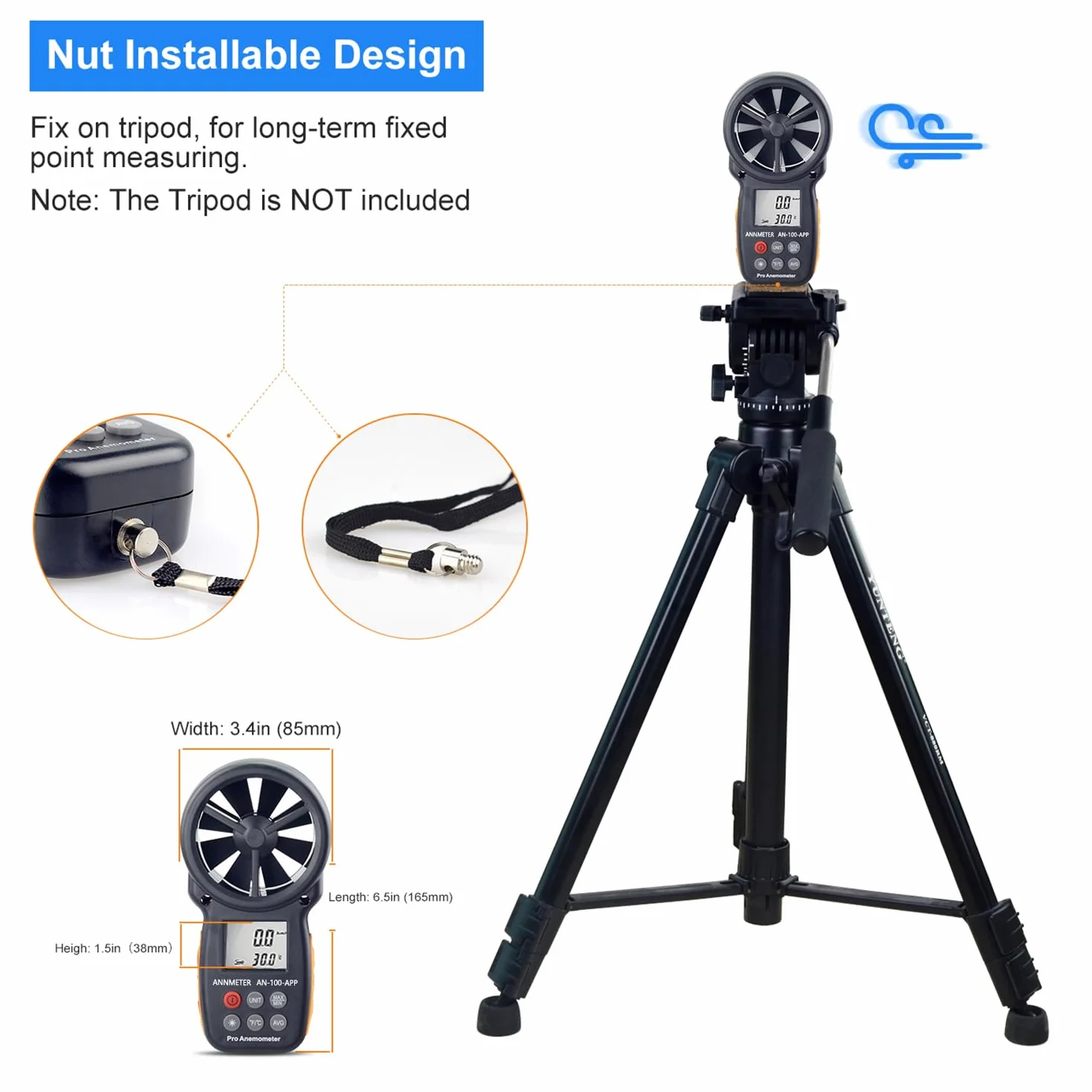 Anémomètre Enregistreur Bluetooth Compteur de Vent Vitesse, AIOMEST Anemometre Portable Connecté Mesureur Vitesse du Vent 30m/s et Température, Pour HVAC/CVC,VMC, Drone et Vents Conduits