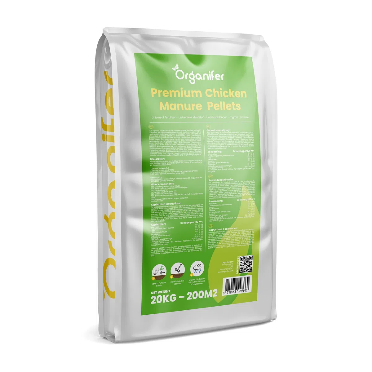 Engrais Fumier De Poule En Granulés - 20 Kg - 200 M2 - Npk 4-3-3 - Tamis Pellets Granulés - Fertilisants Organique Potager, Jardin, Fleurs - À Partir De Fumier De Poulet 100% Pur - Organifer