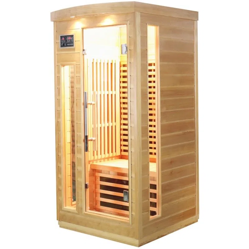 SNÖ Sauna Infrarouge Extérieur 1 Place 1500W Cabine Hemlock Bois Massif Chromothérapie LED Panneaux Carbone Porte Verre Sécurisé Ionisateur Bluetooth