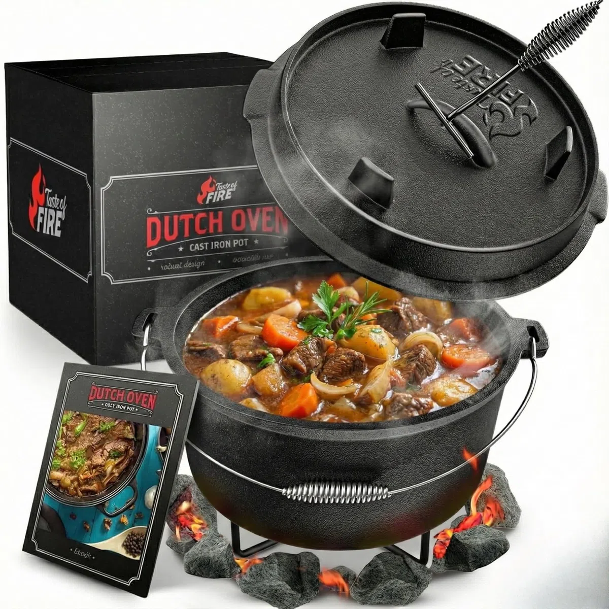 L'Original BBQ Dutch Oven 10,8 L Set avec Support et Couvercle 2,2 L Double Fonction Poêle à Griller