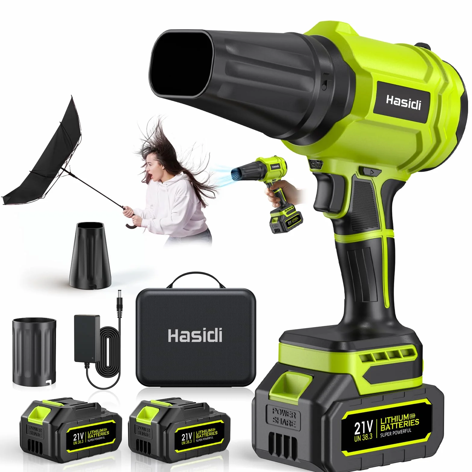 Souffleur de Feuilles sans Fil, 900 000 TR/Min, 2 Batteries, Chargeur et 2 Buses Incluses, pour Jardin, Terrasse, Voiture, Neige et Poussière, Vert