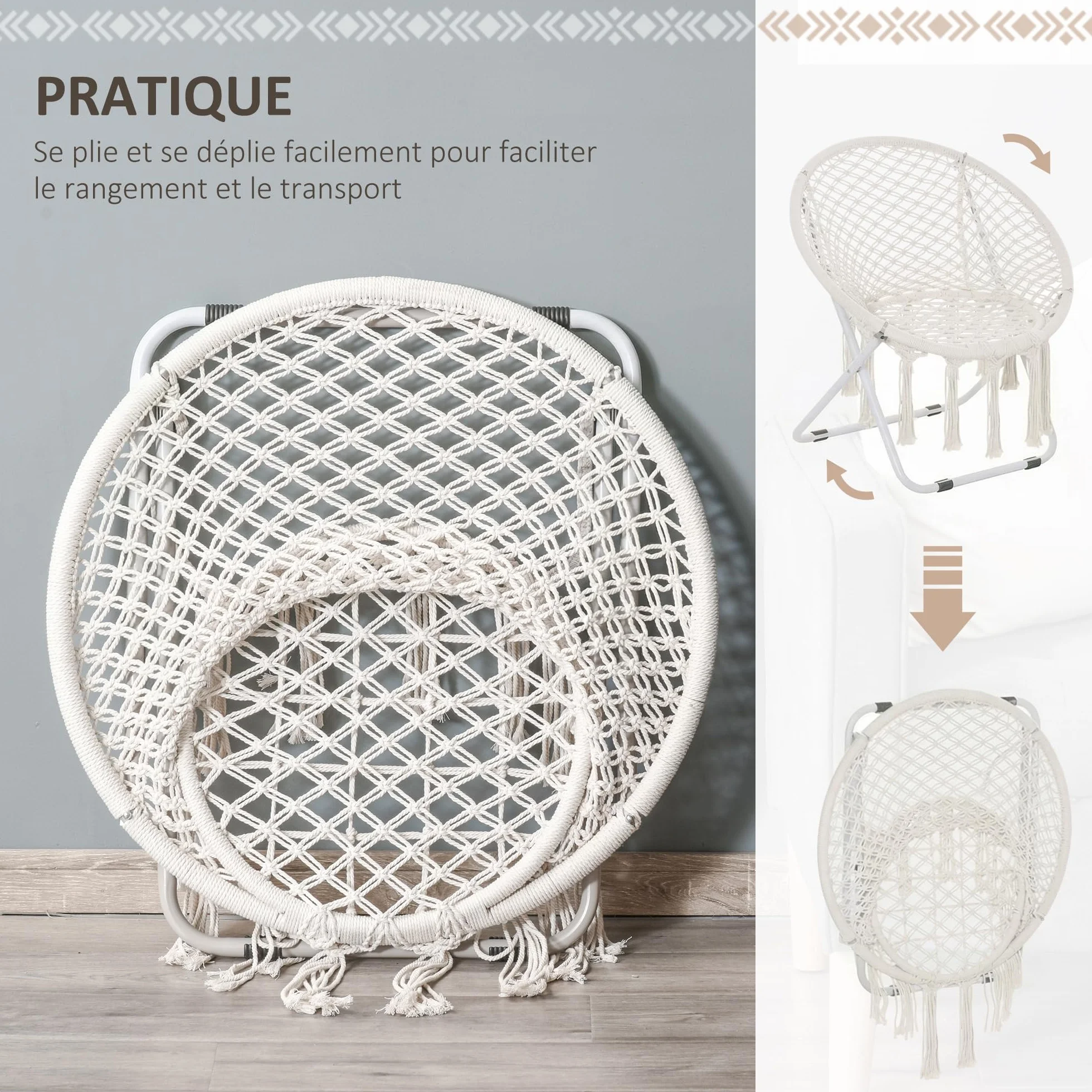 Outsunny Loveuse Fauteuil Rond de Jardin Fauteuil Lune papasan Pliable Grand Confort macramé Coton Polyester Beige