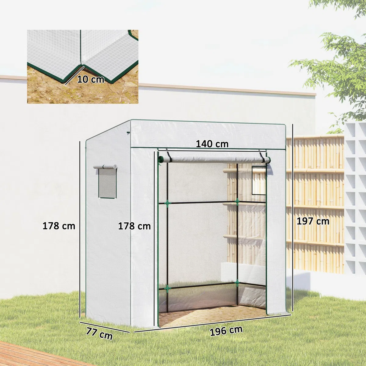 Outsunny Serre de Jardin PE, Serre de Balcon, bâche renforcée 140 g/m², châssis en Acier, Porte zippée Enroulable, 2 fenêtres, pour légumes Plantes Fleurs, intérieur et extérieur, 196x77x197cm, Blanc