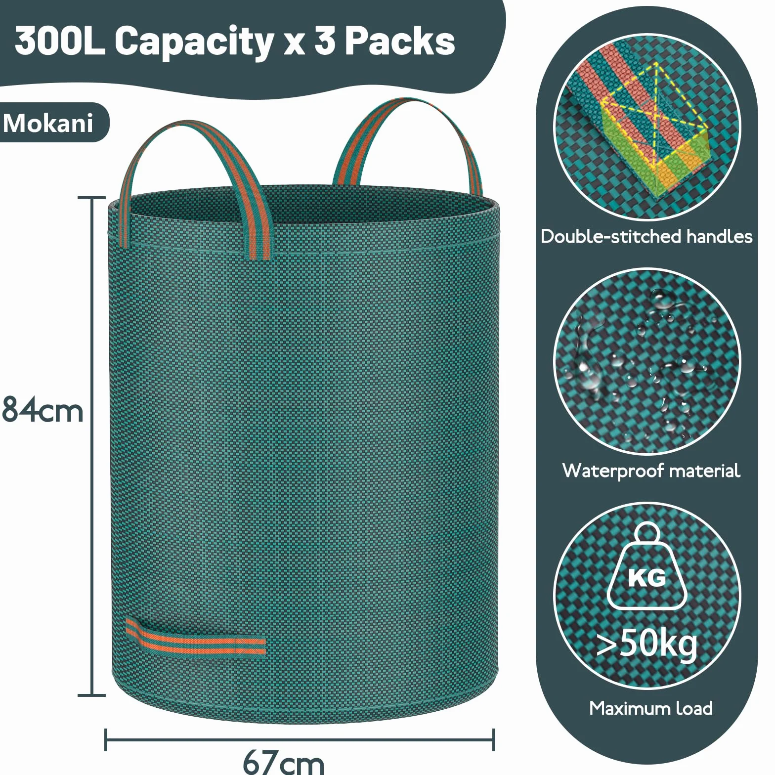 Mokani Lot de 3 sacs à déchets de jardin 300 L réutilisables pliables avec poignées